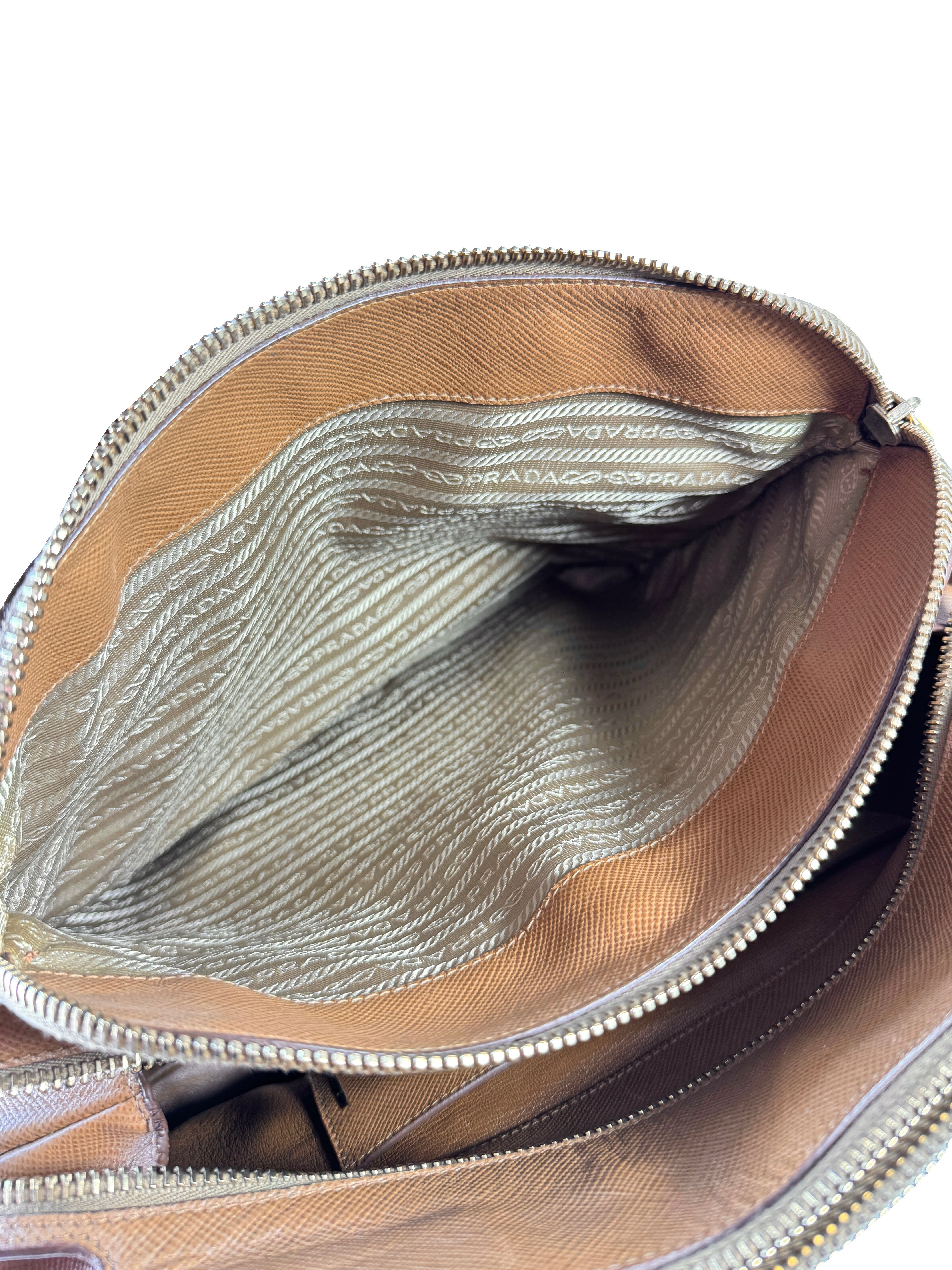 Prada brown Saffiano triple zip domed satchel 180