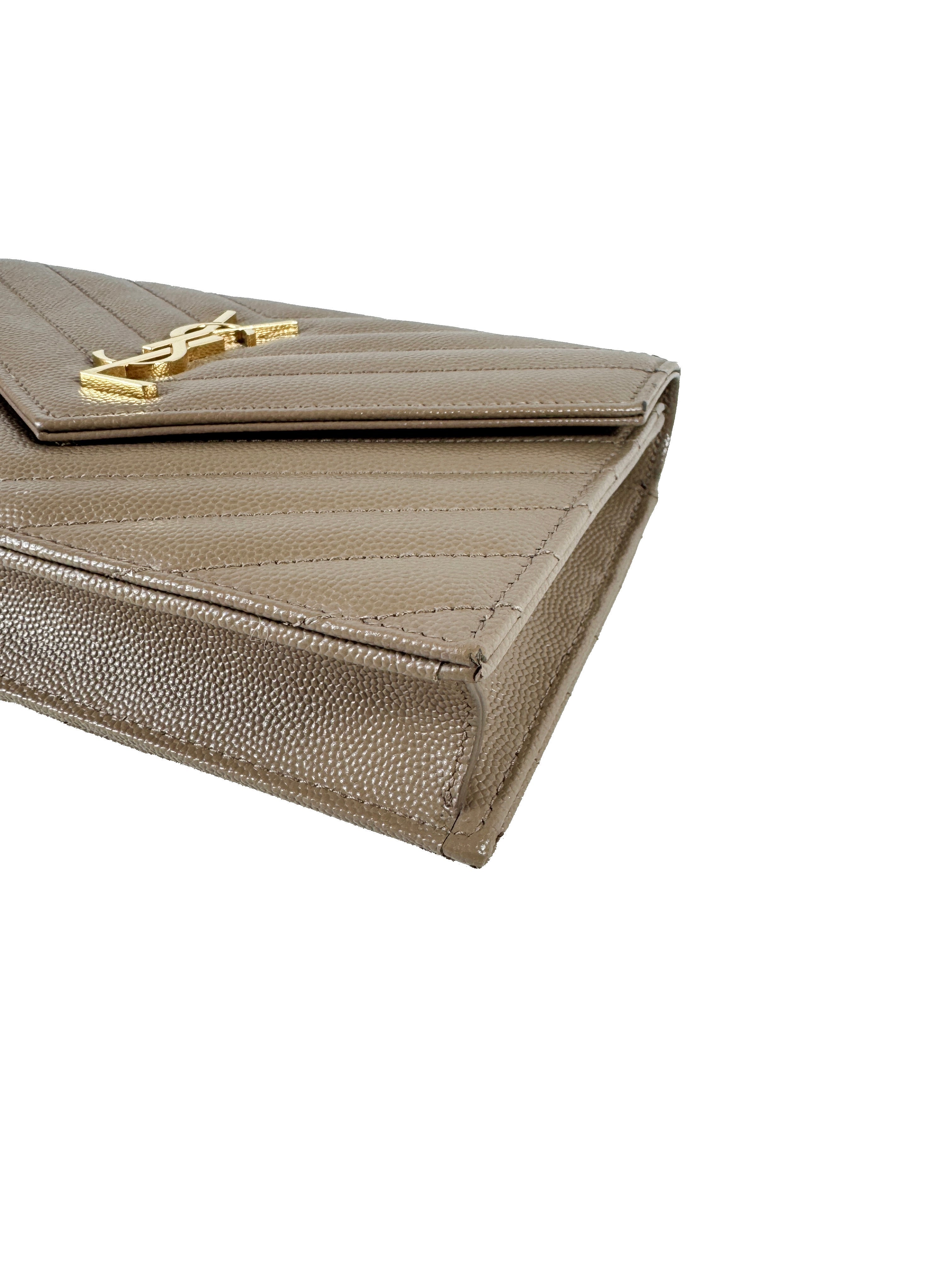 Saint Laurent chevron Cassandre grain de poudre chain wallet dark beige YBL695108 0822