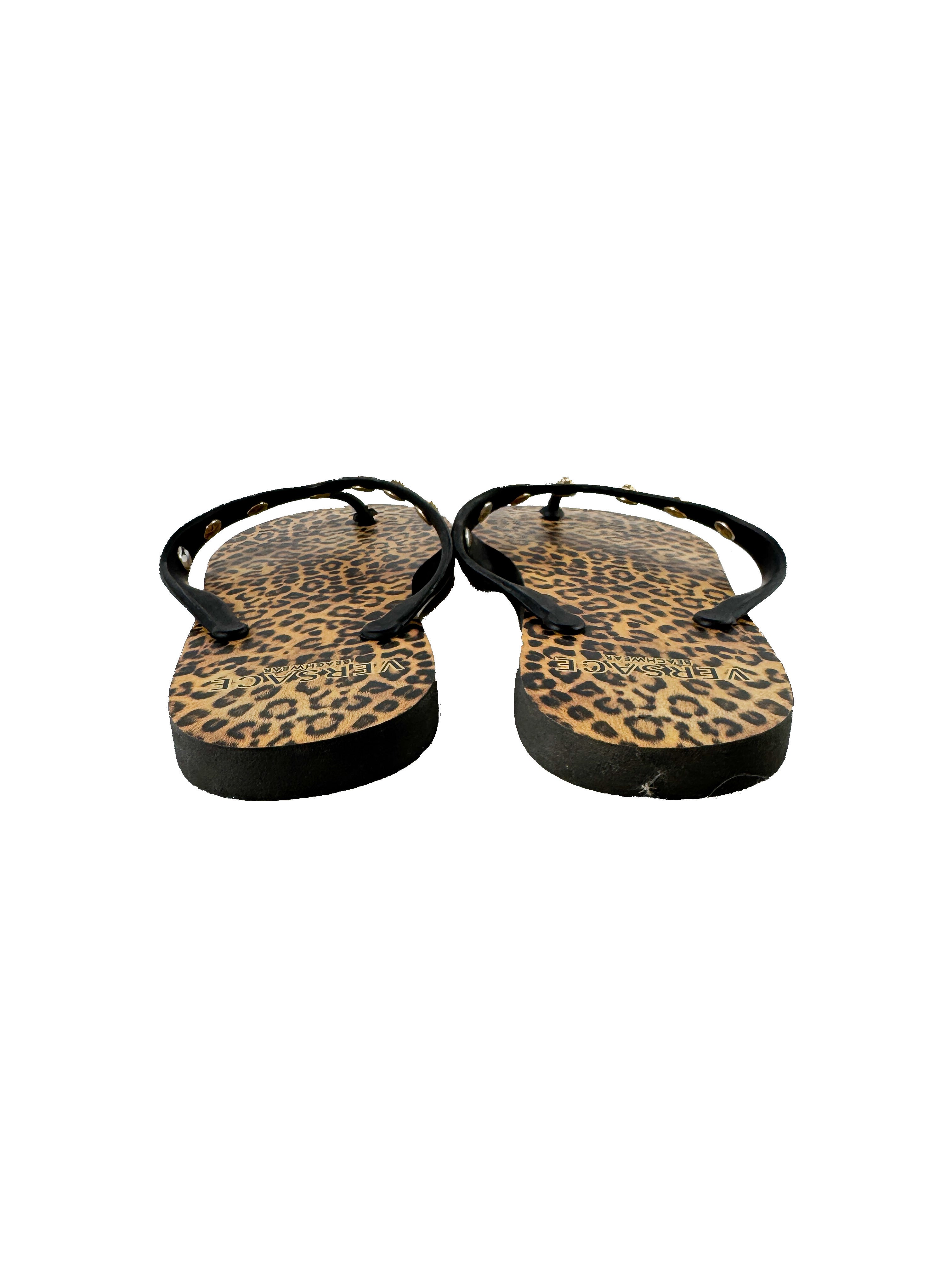 Versace Beach leopard print flip flops size 39 (9) **as is**