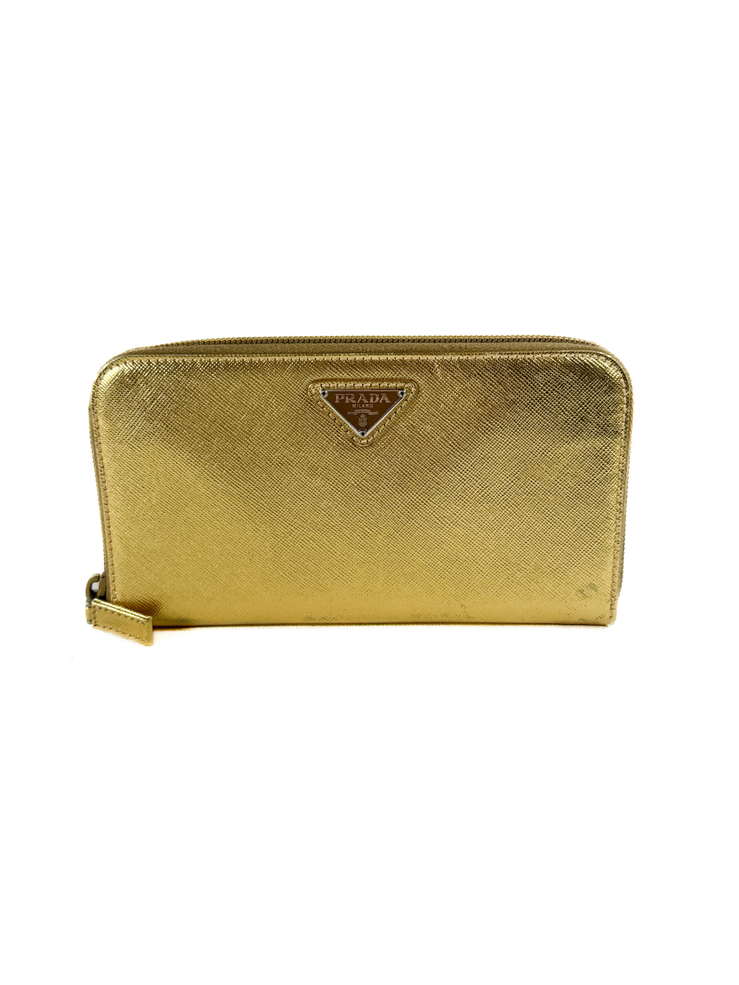 Prada gold metallic leather zip around wallet