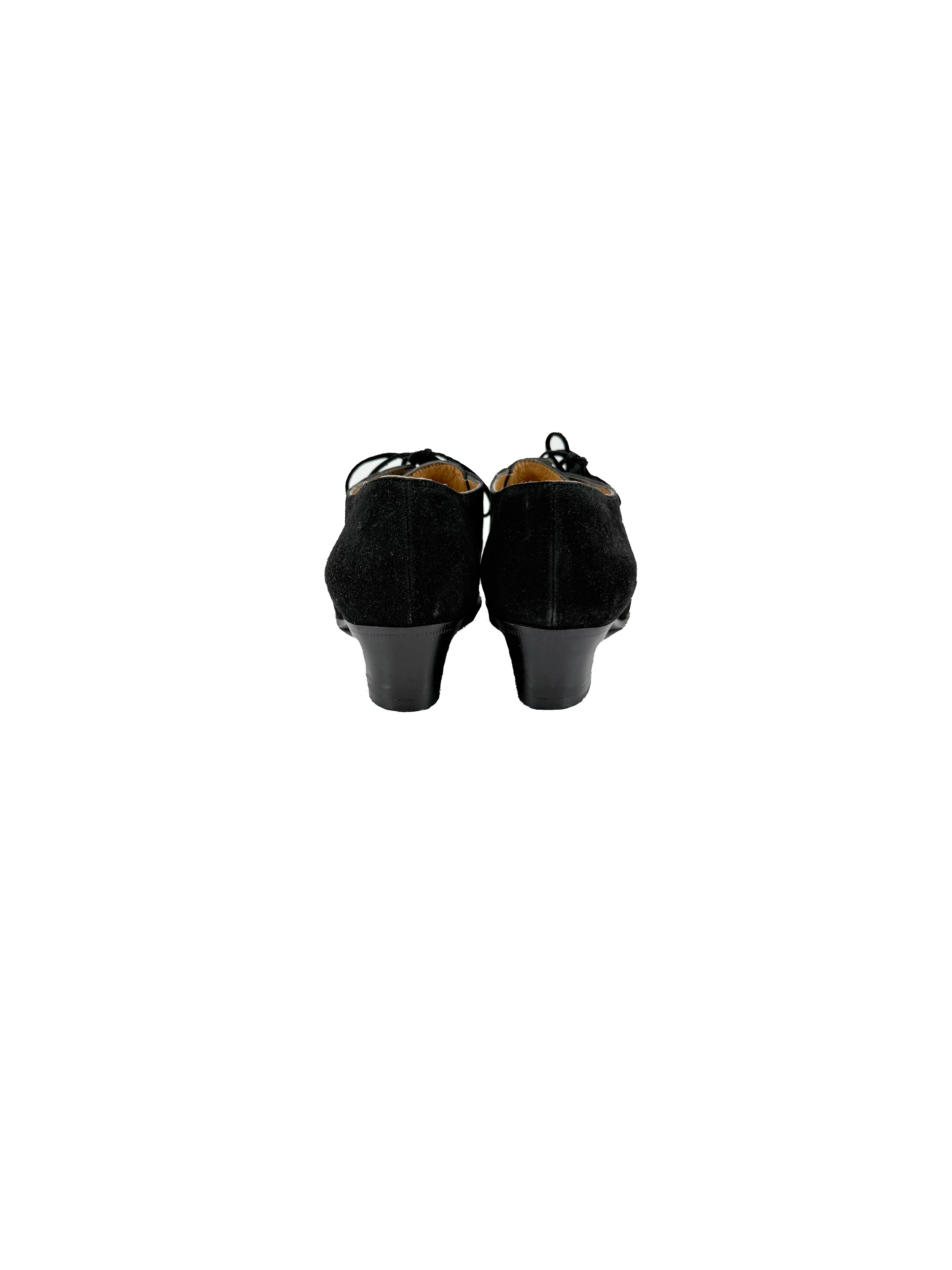 Hermès black suede vintage lace up kitten heels size 36