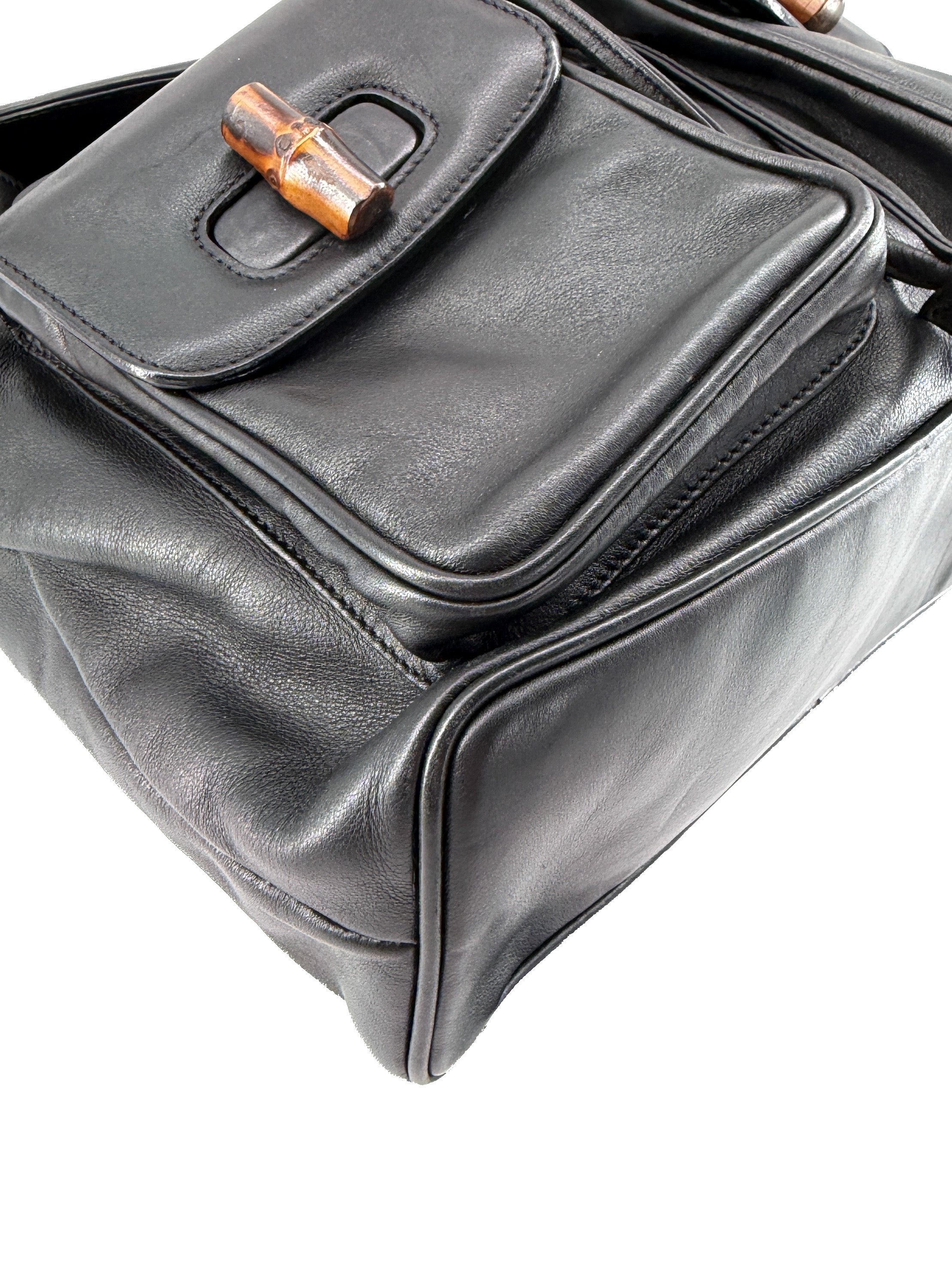 Gucci vintage black leather Bamboo double pocket backpack 00320580016 - My Girlfriend's Wardrobe LLC