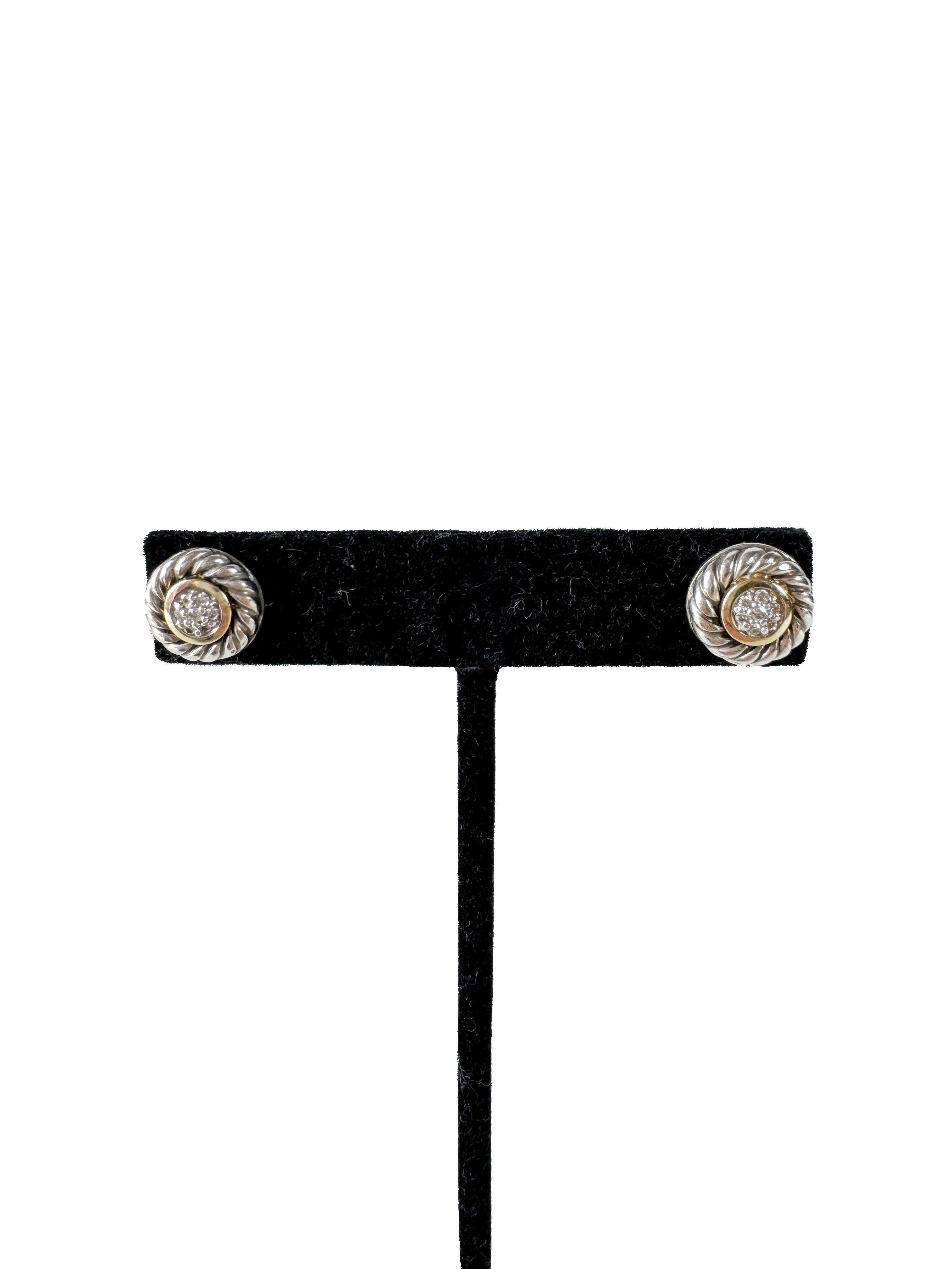 David Yurman sterling silver, yellow gold, diamond cookie stud earrings