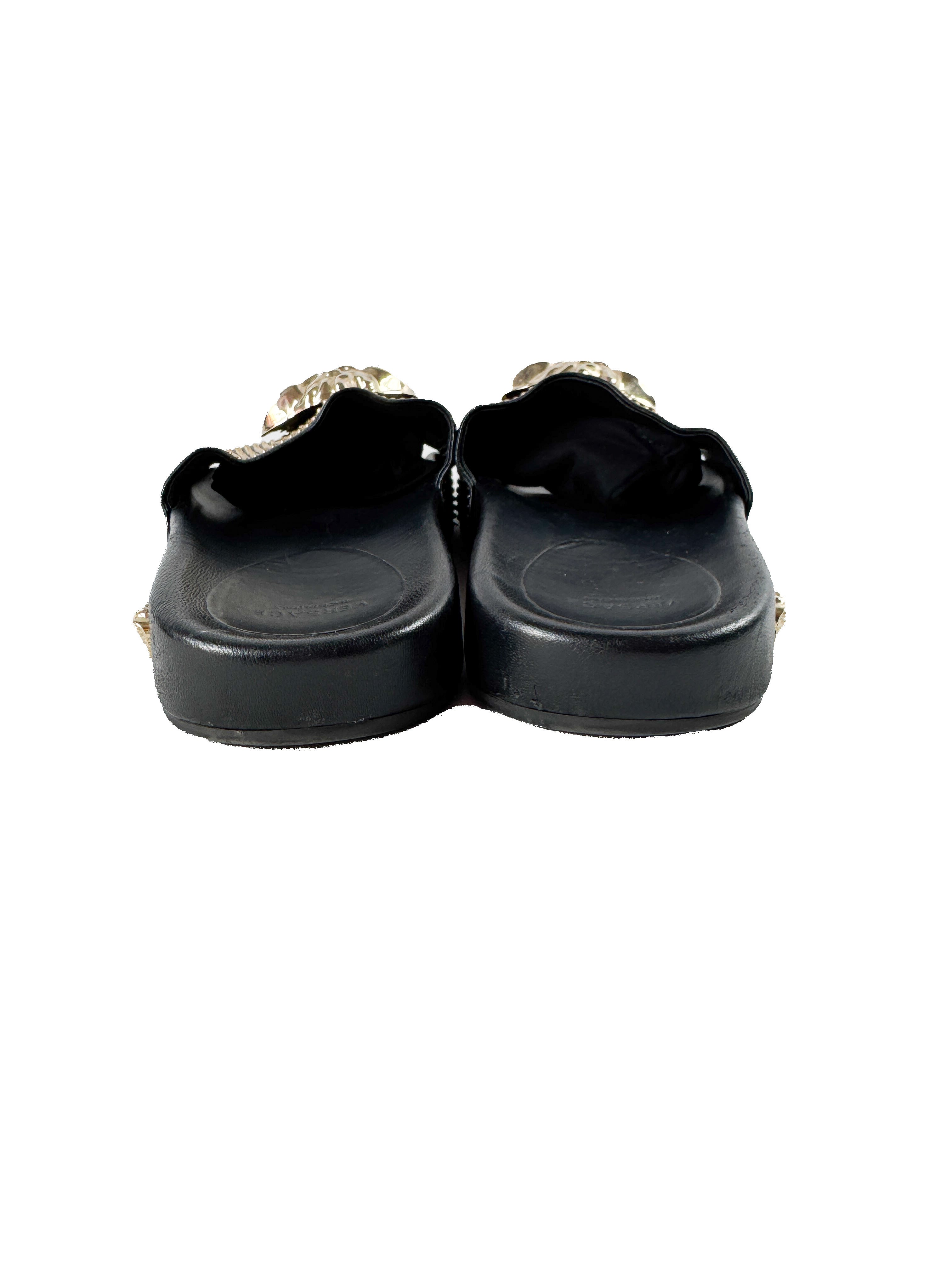 Versace black leather studded Medusa head slides size 39