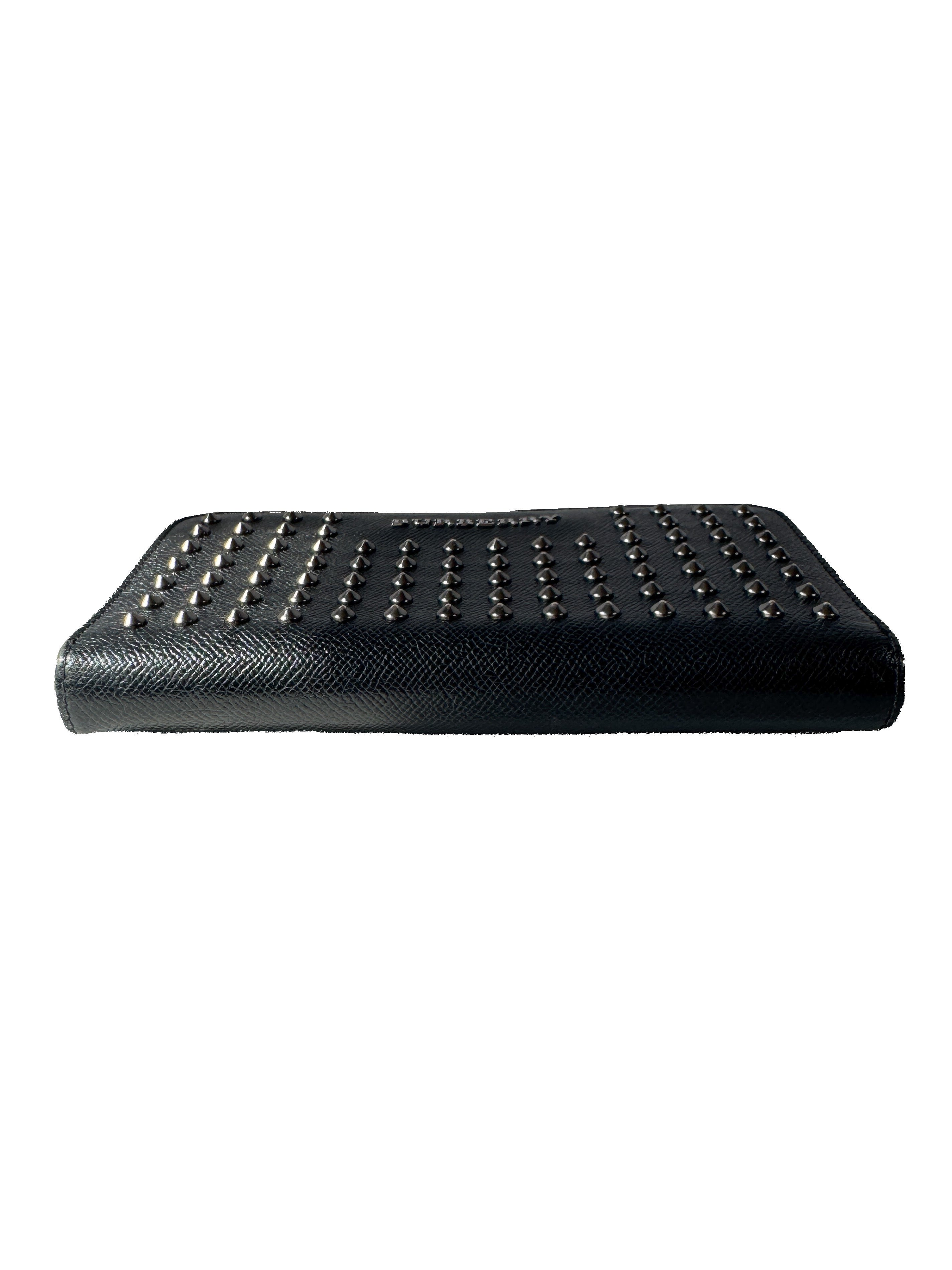 Burberry black leather studded zip around wallet