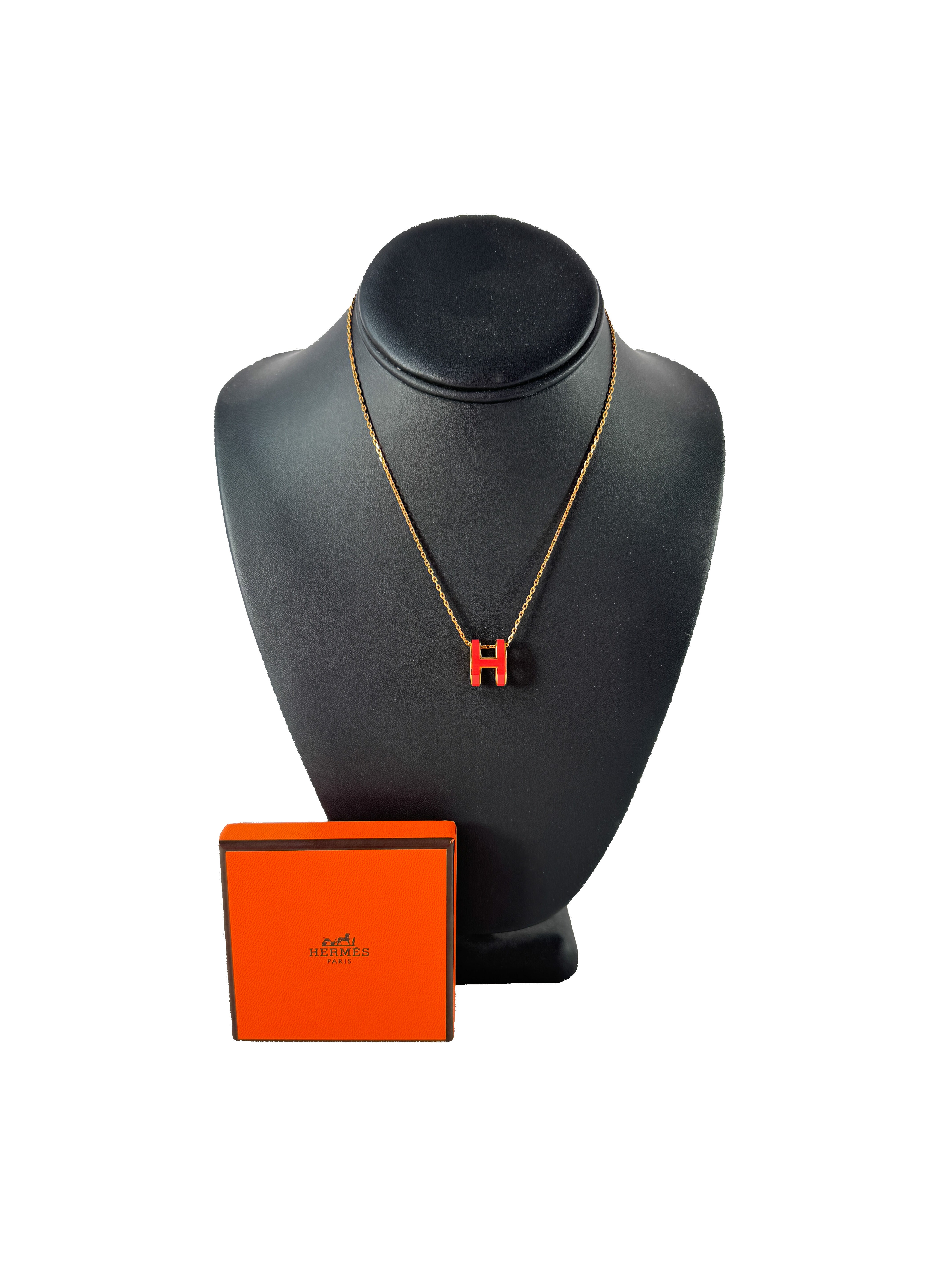 Hermès gold tone pink (rose extreme) enamel pop H pendant necklace