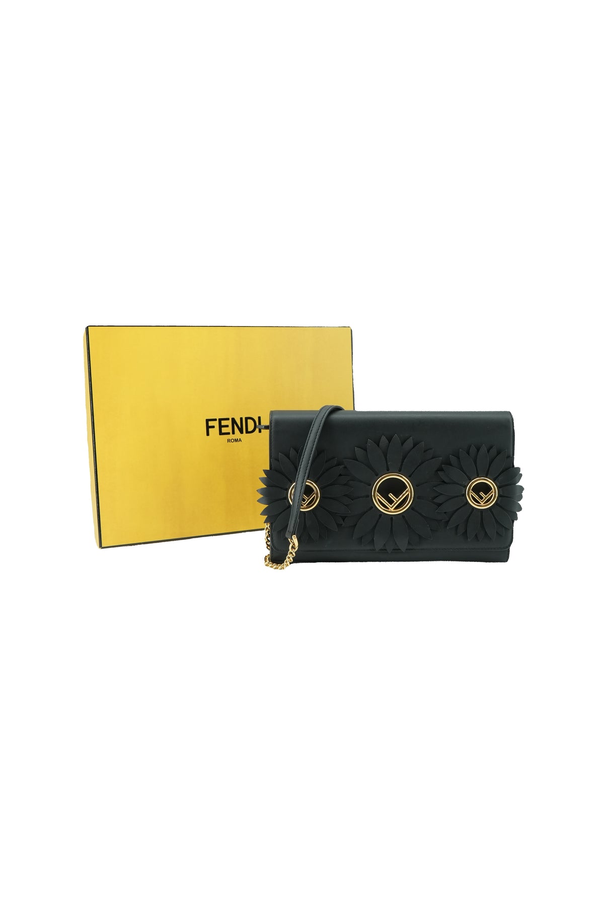 Fendi black leather floral chain wallet 8BS004 A0KZ 179-8210
