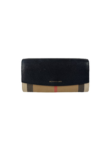 Burberry black leather check long wallet