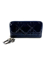 Christian Dior navy patent leather Cannage Lady Dior zip around wallet