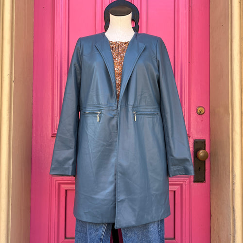 Chico’s blue faux leather open jacket size 12/14
