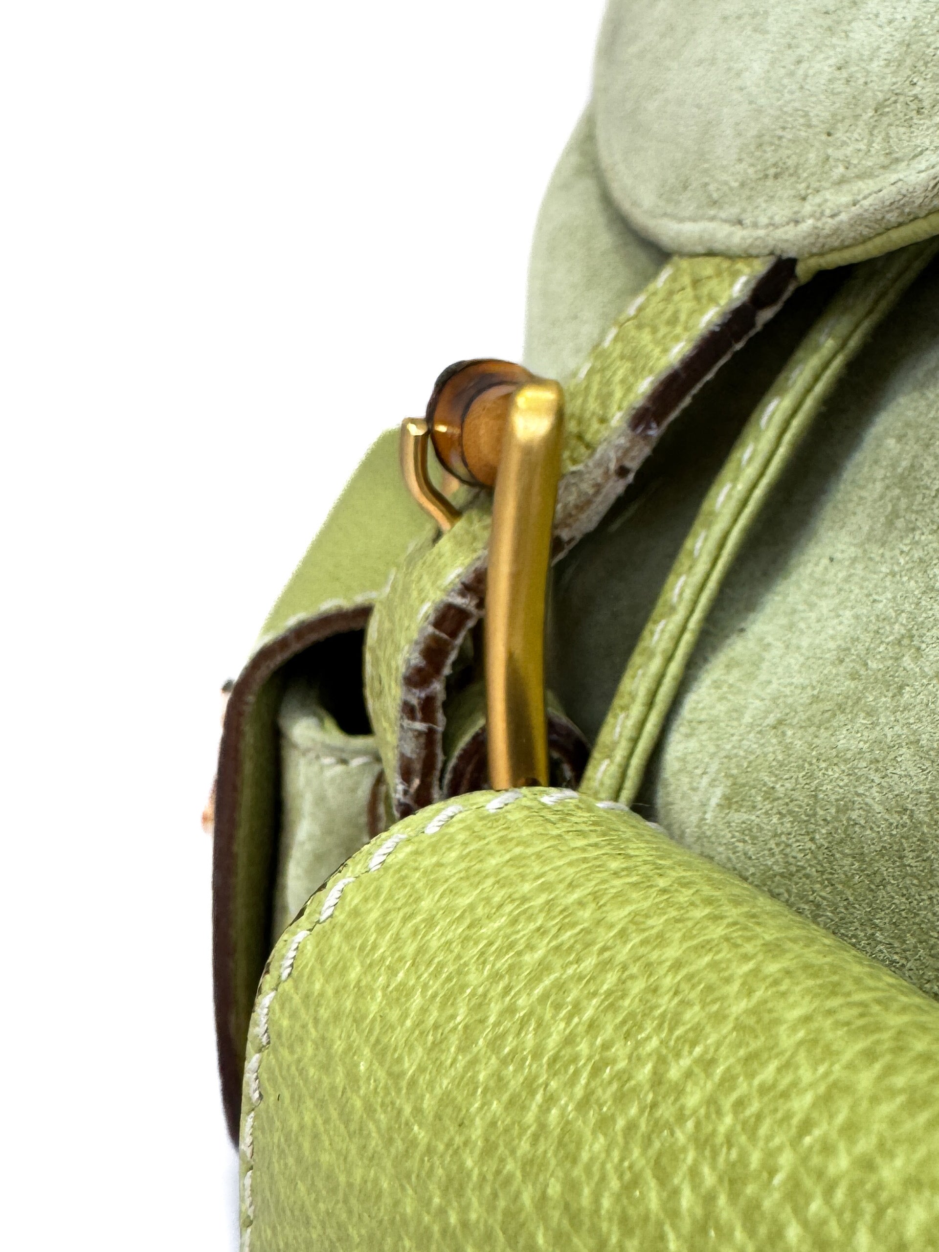 Gucci lime green vintage suede Bamboo large backpack 003-1998-0016