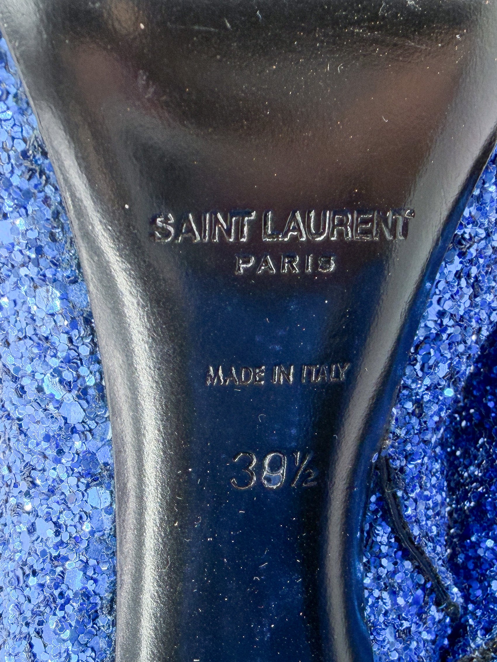 Saint Laurent blue glitter heeled Lou boots size 39/39.5