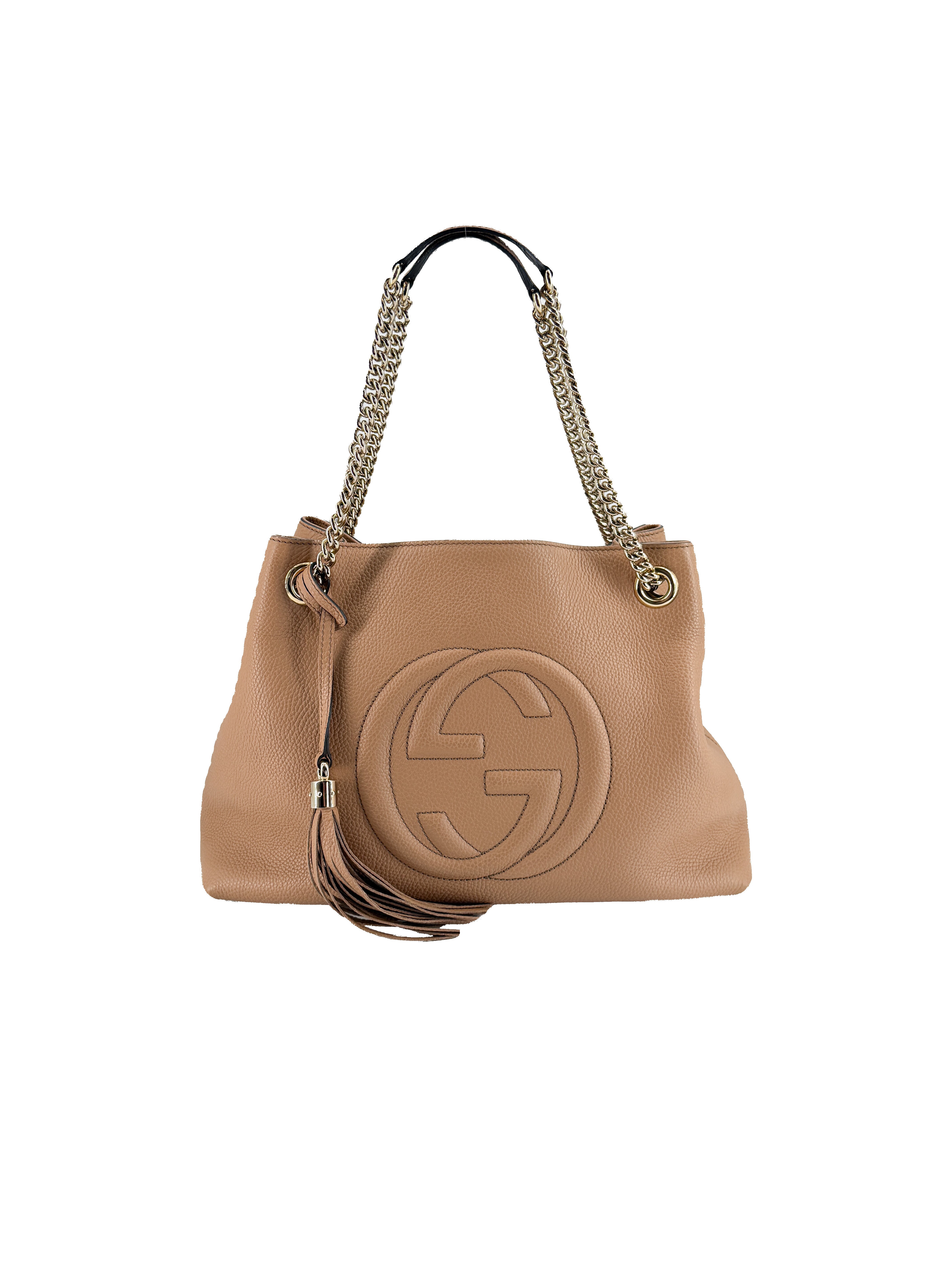 GUCCI レザーハンドバッグ　ベージュ横長 Gucci tan interlocking G Soho Chain shoulder bag 808982 520981