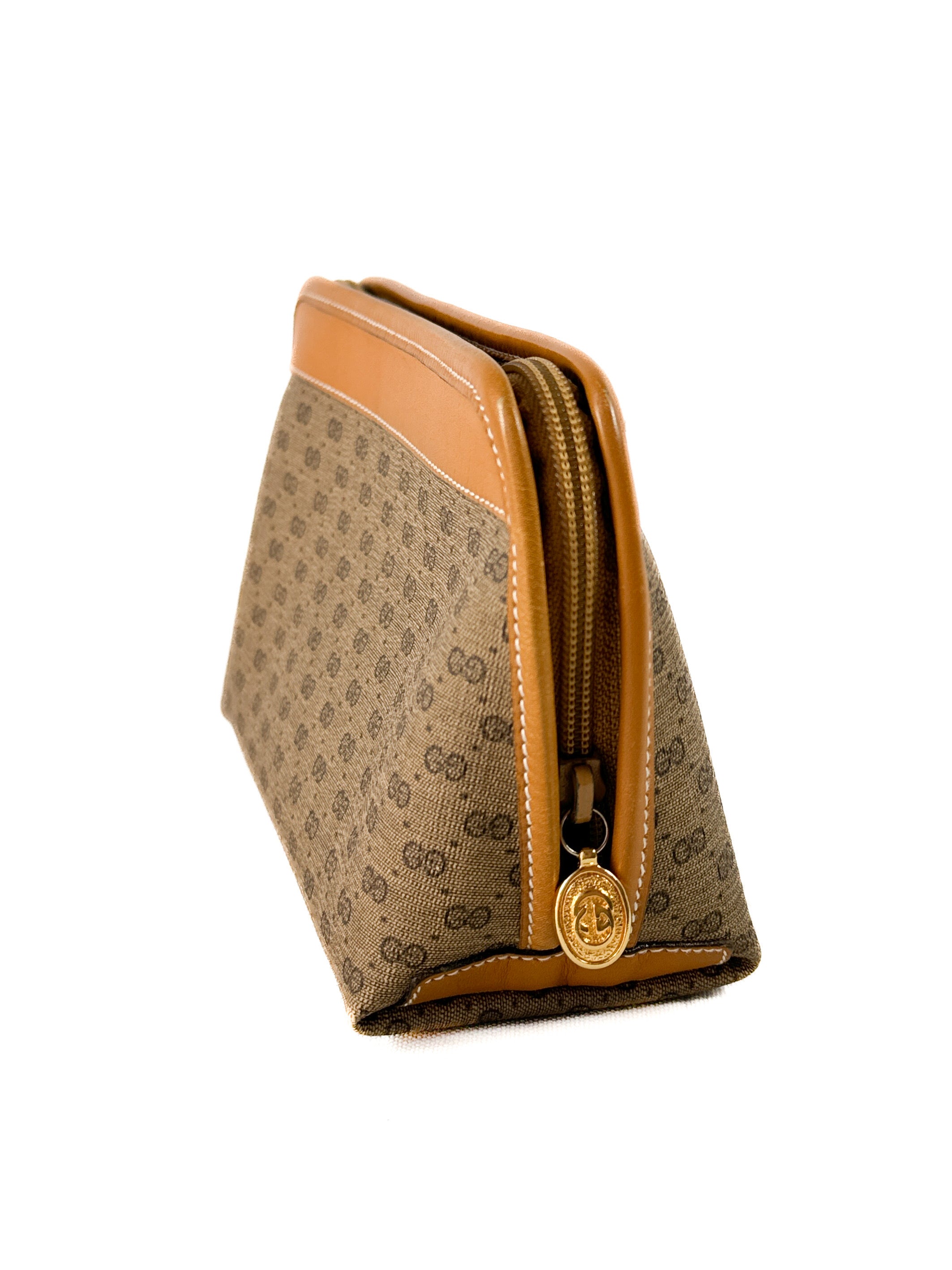 Gucci brown vintage coated canvas and leather zip pouch