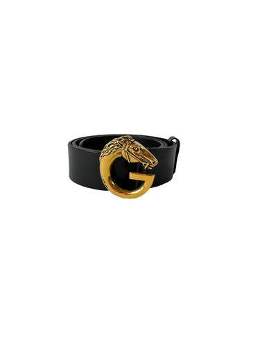 Gucci black leather G horse head belt size 85 201785