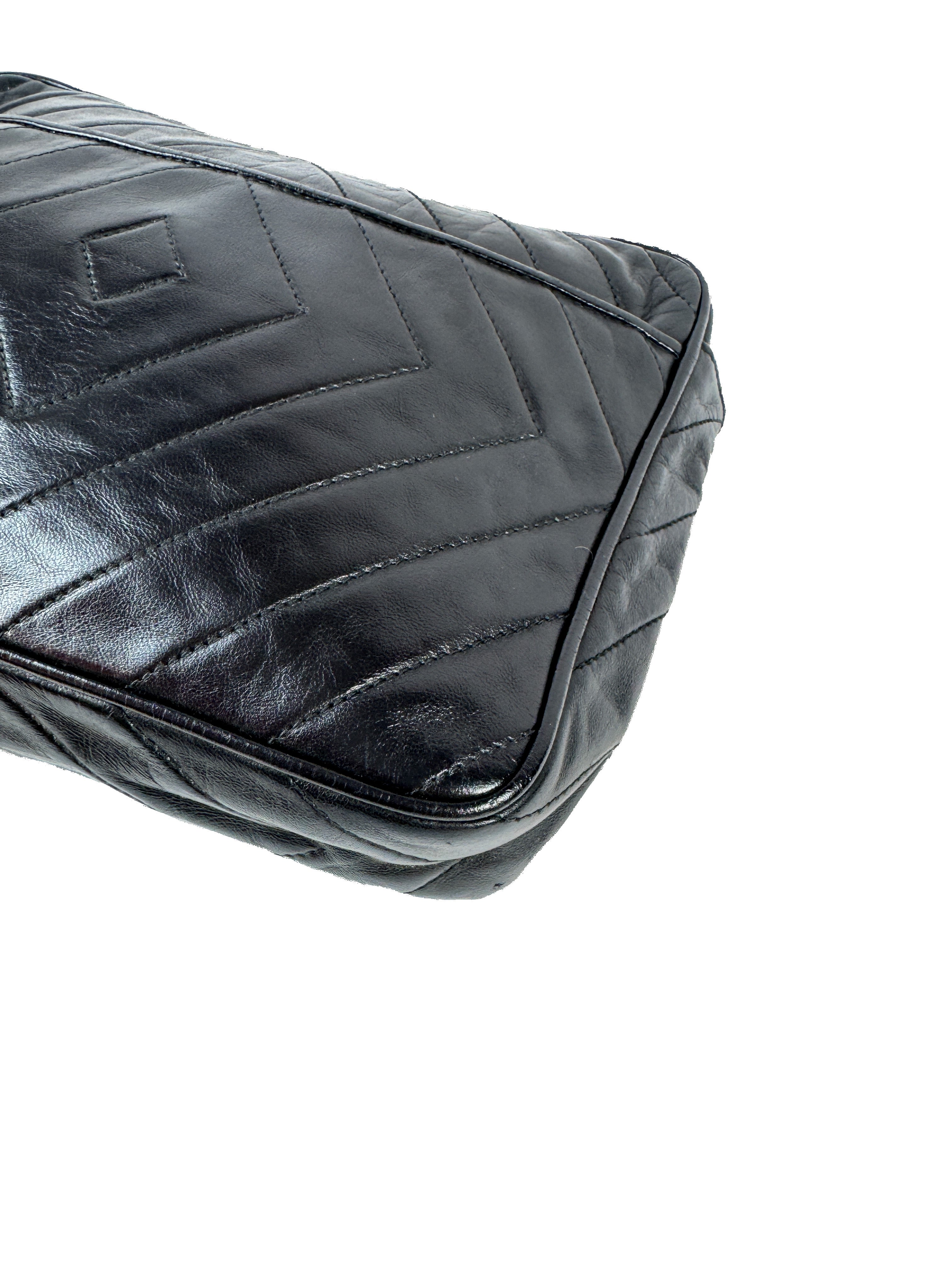 Chanel black leather chevon CC camera crossbody 1989746