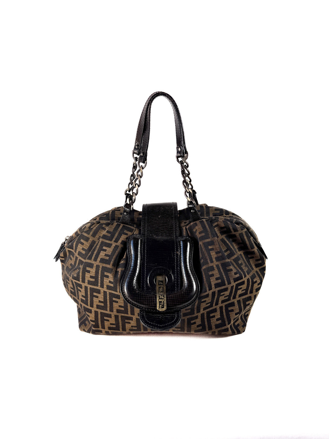 Fendi brown Zucca buckle chain shoulder bag