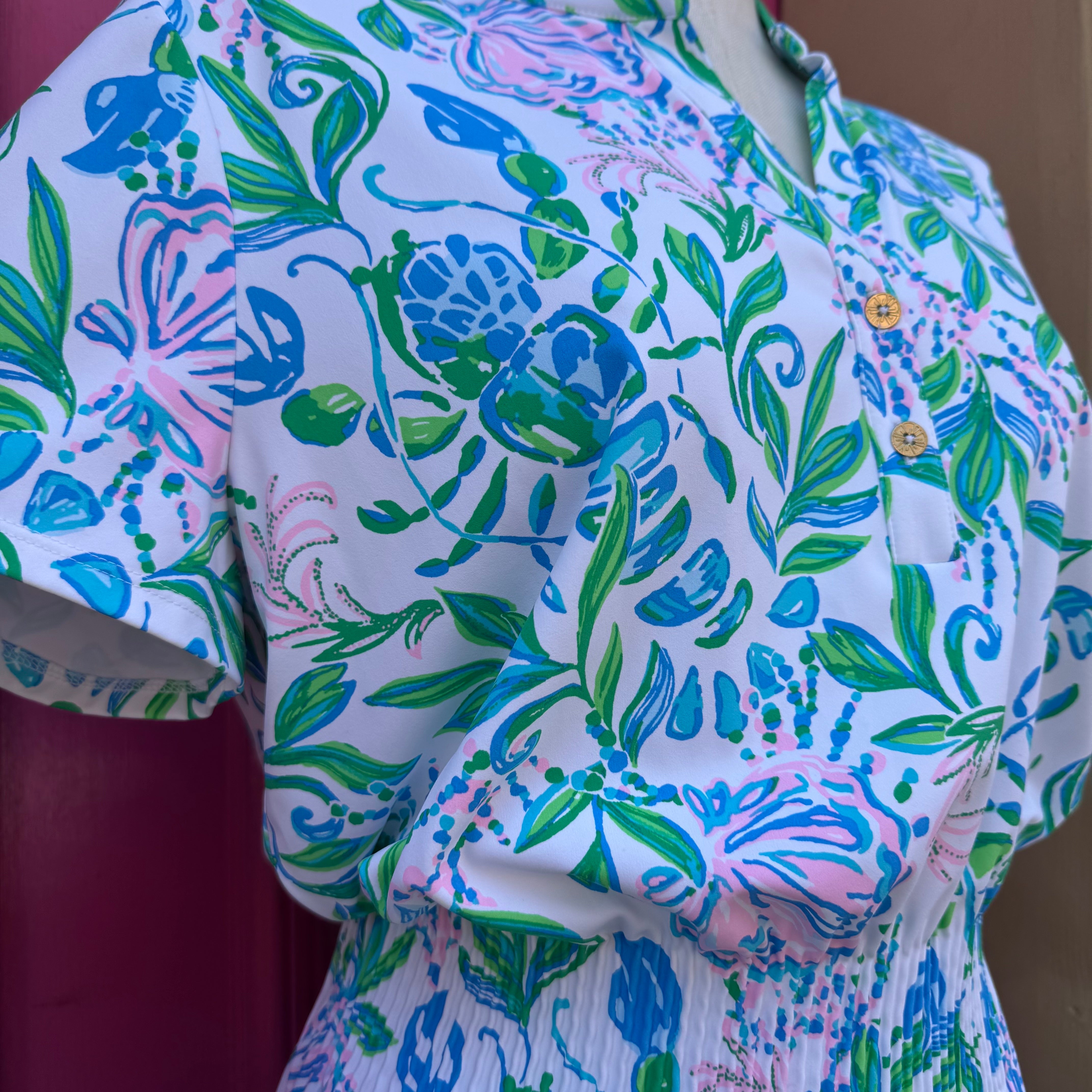 Lilly Pulitzer Luxletic blue green floral short sleeve dress size XL