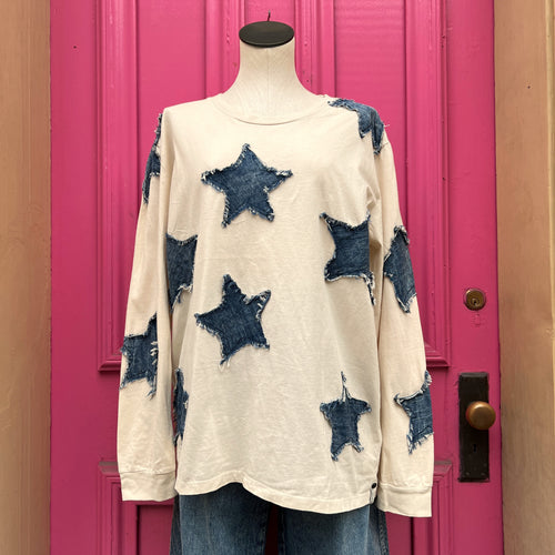 One Teaspoon cream blue star long sleeve top size M NWT
