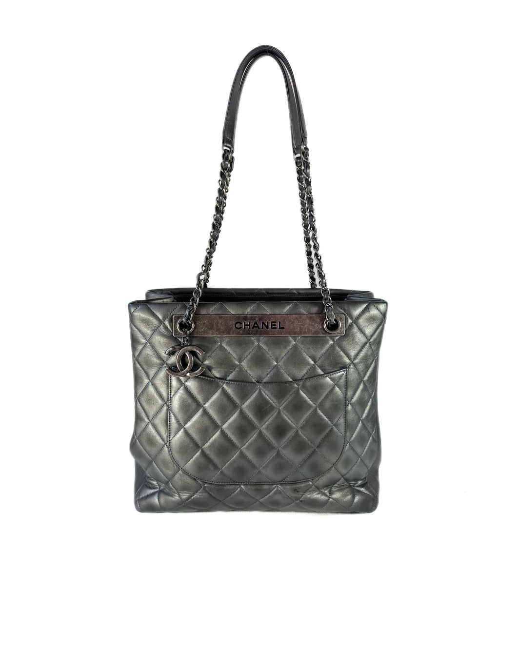 Chanel dark silver quilted large trendy shopping tote 21647644