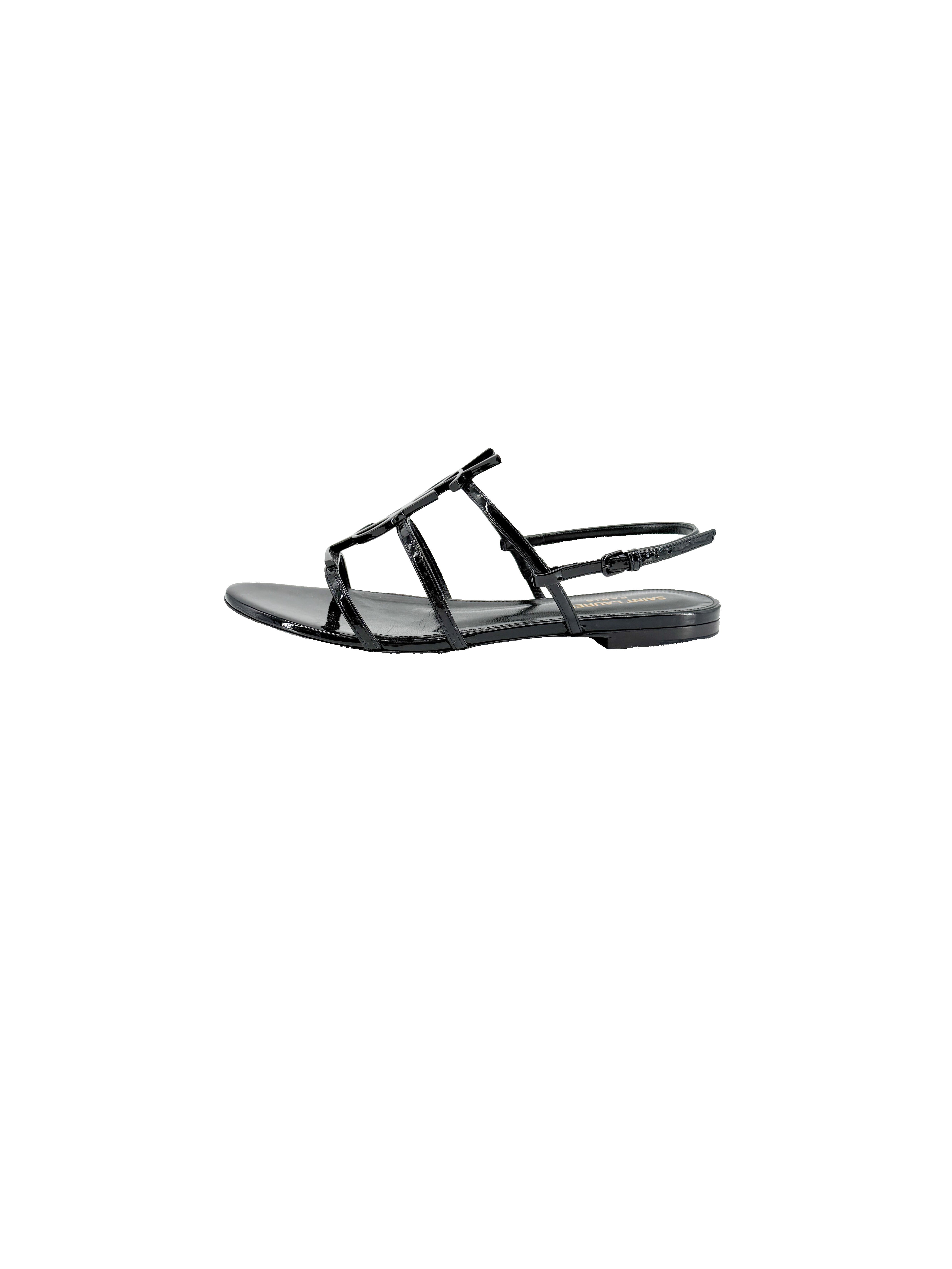 Saint Laurent black patent Cassandre sandals size 37 (7) BOX