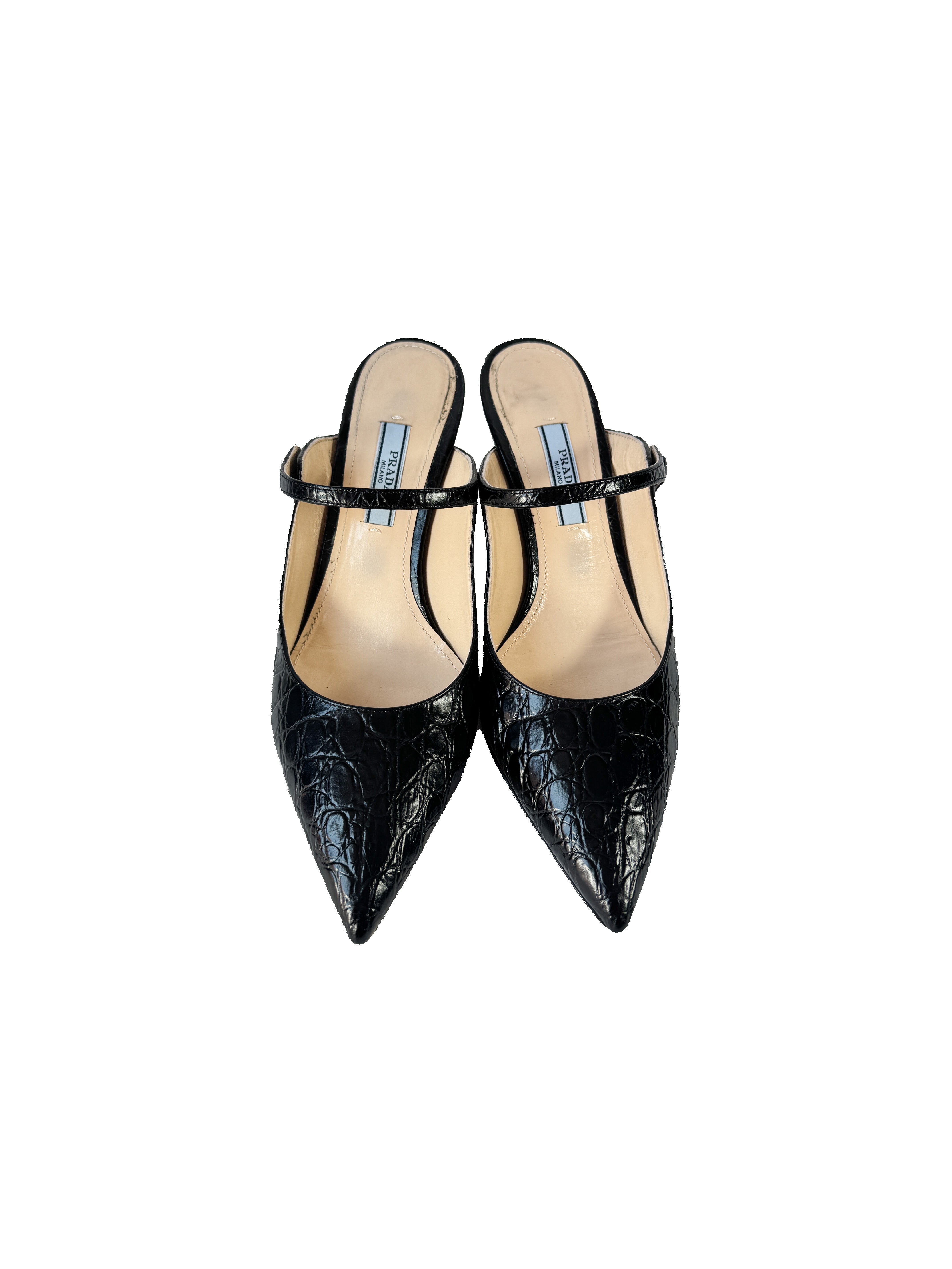 Prada black croc embossed leather heeled mules size 37