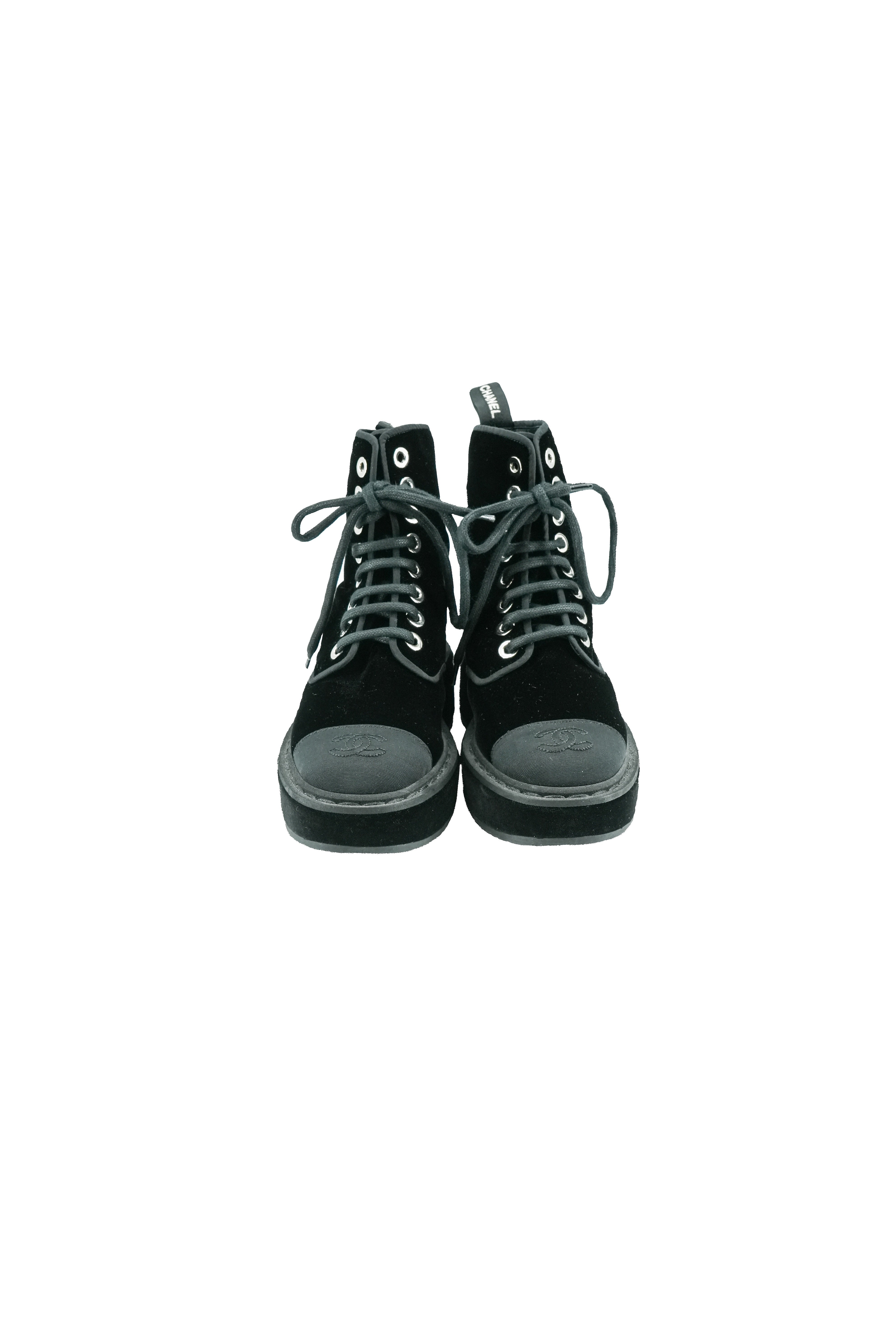 Chanel black velvet platform combag boots size 35