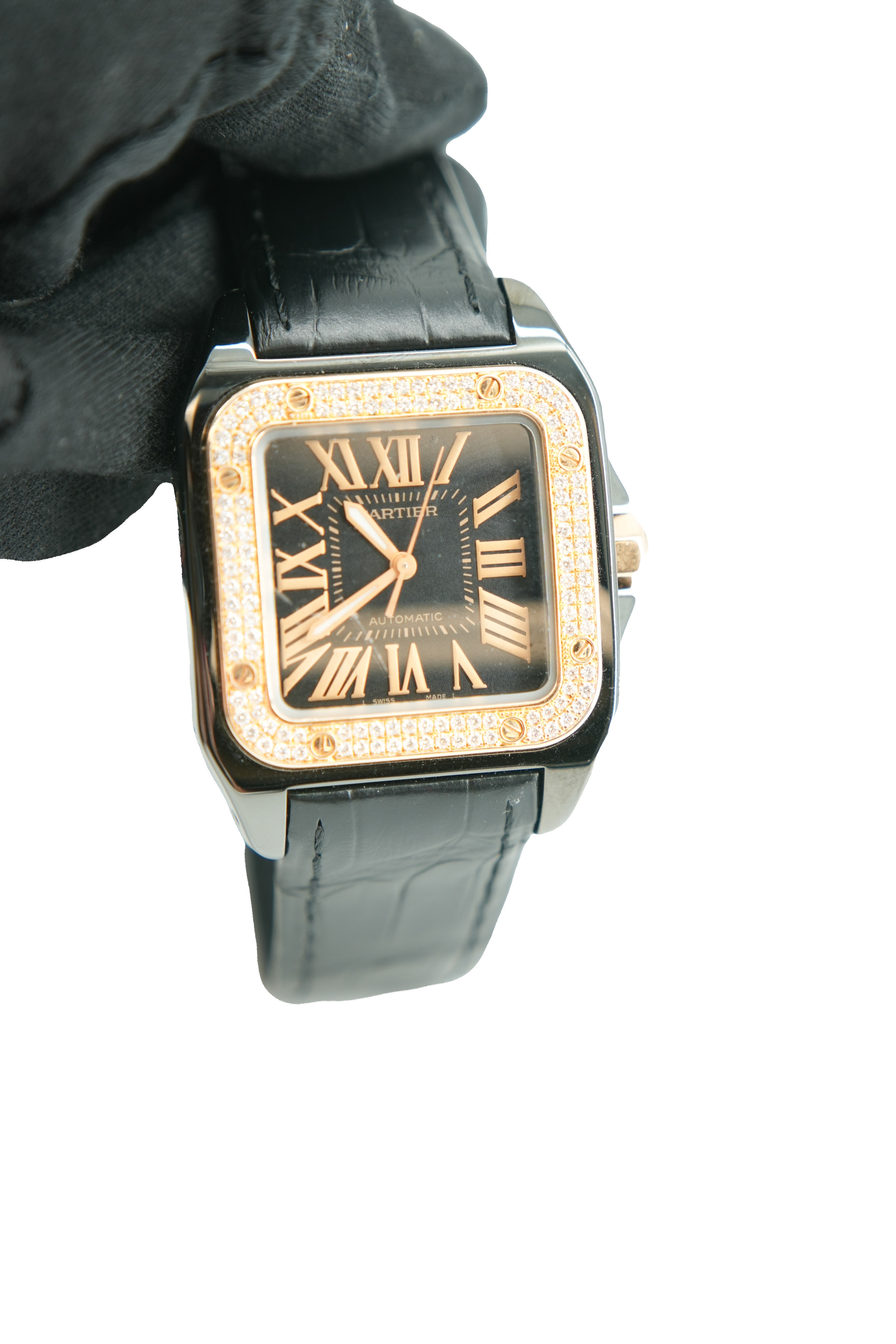 Cartier Santos 100 Ref 2878 18k Rose Gold Diamond Bezel watch