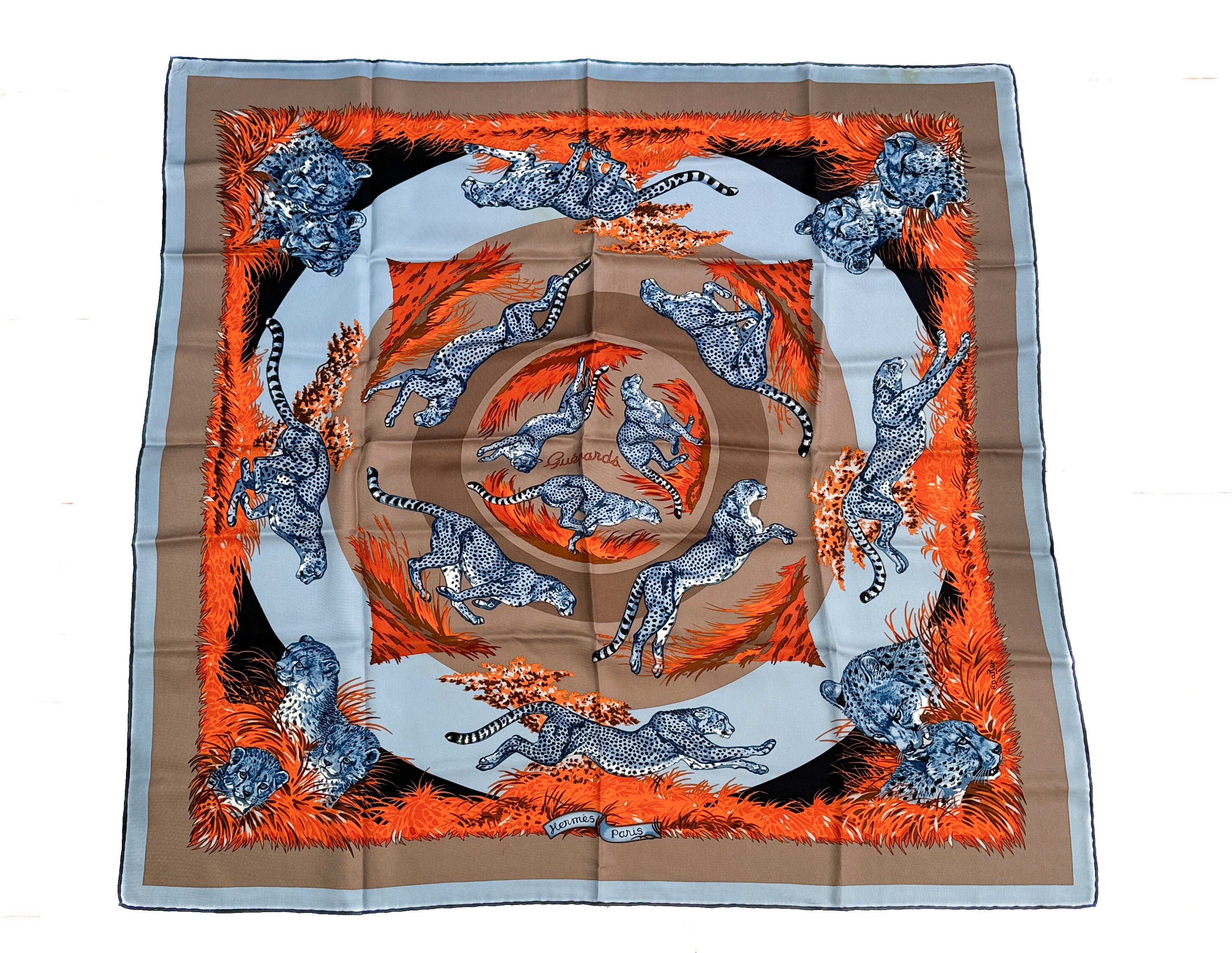 Hermès carre 90cm blue, orange, taupe guepards silk scarf