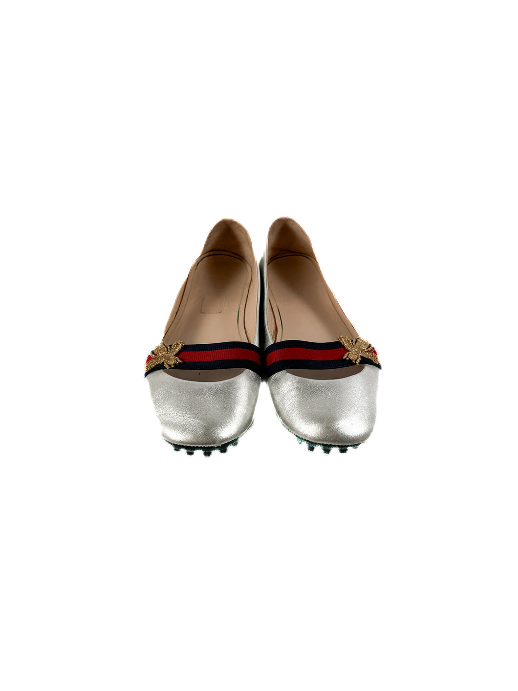 Gucci Metallic Nappa Web Bayadere Ballerina silver leather Flats size 38.5 **as is**