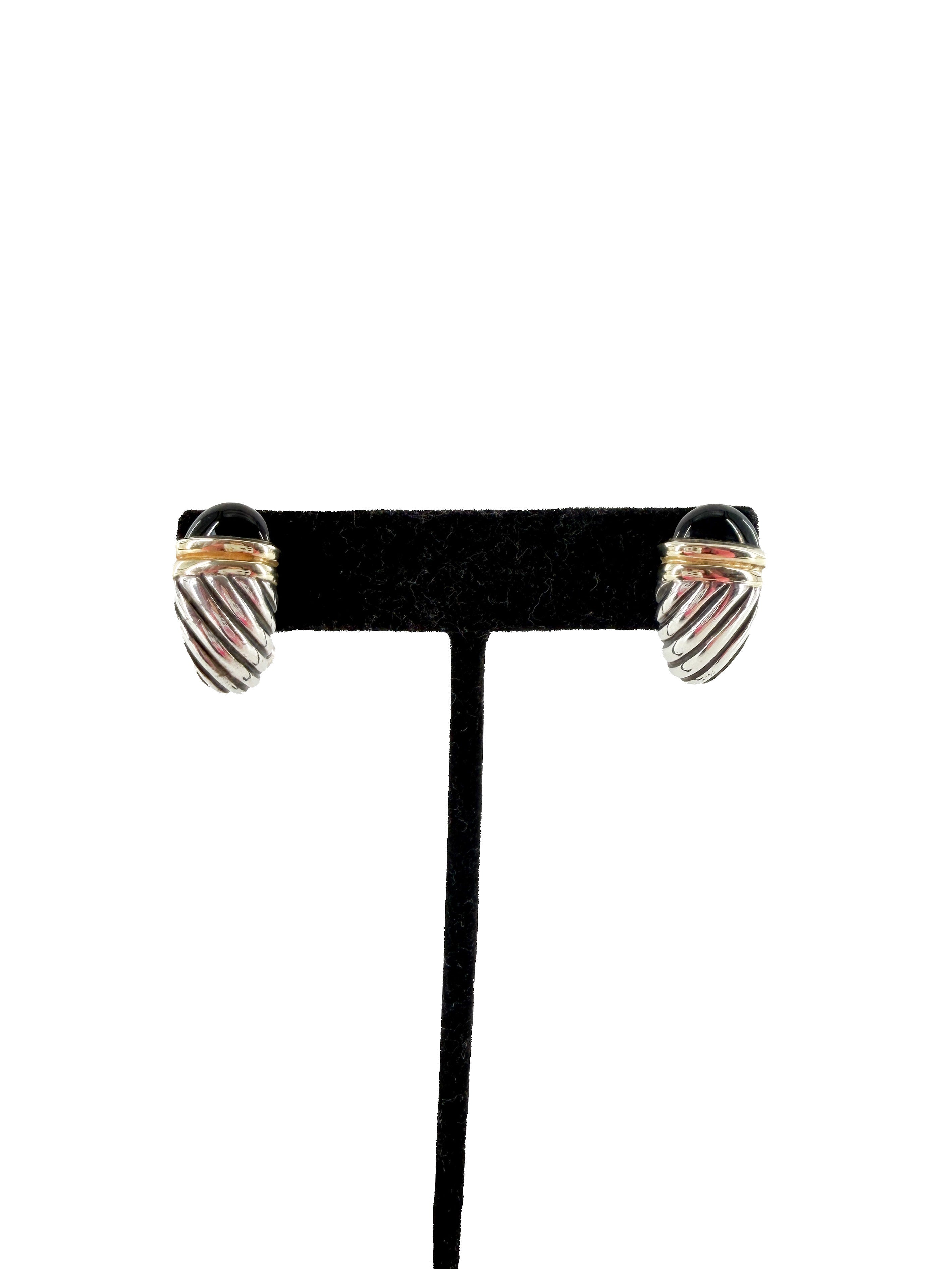 David Yurman sterling silver, yellow gold, black onyx cable shrimp earrings