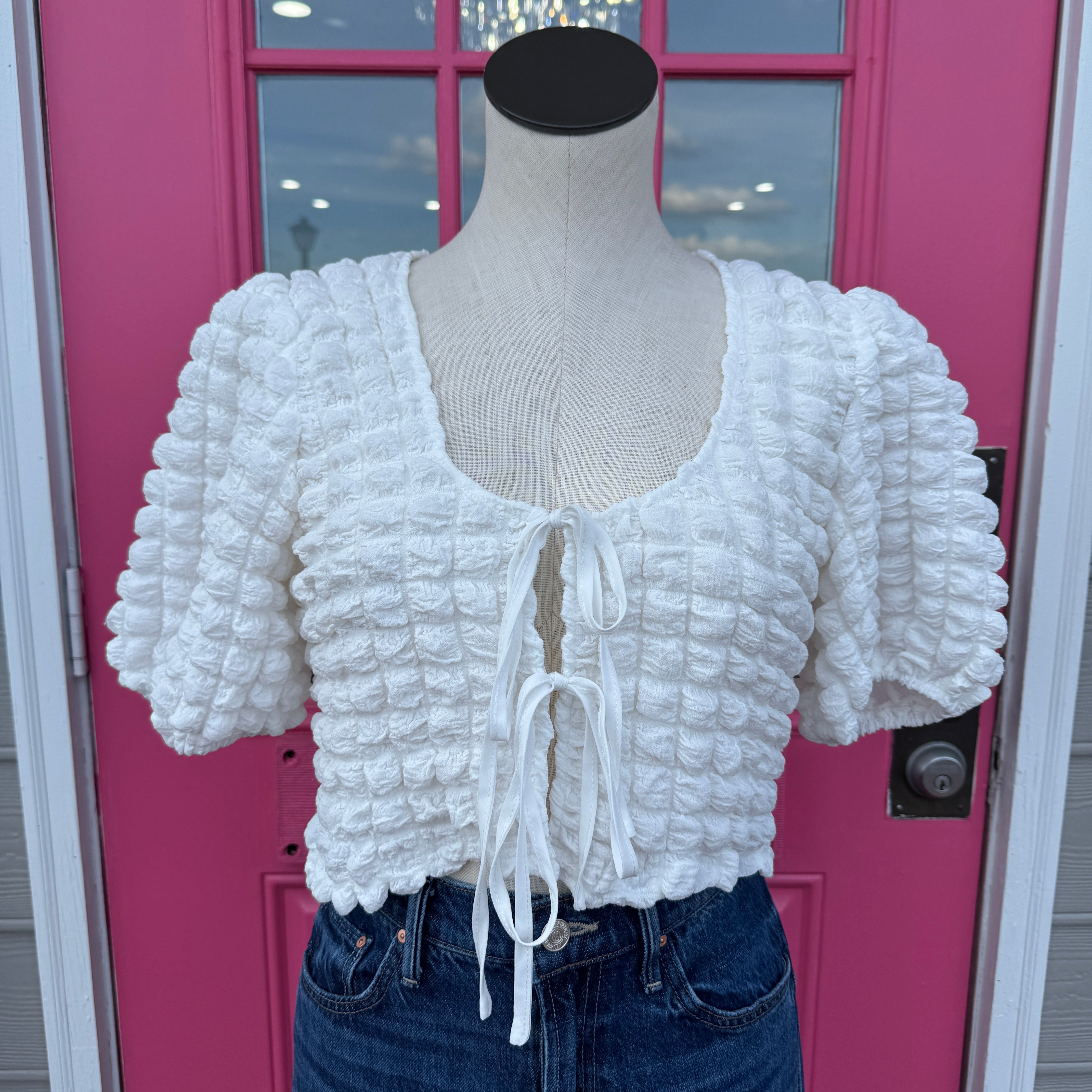 Le Lis white puffy short sleeve tie top size S