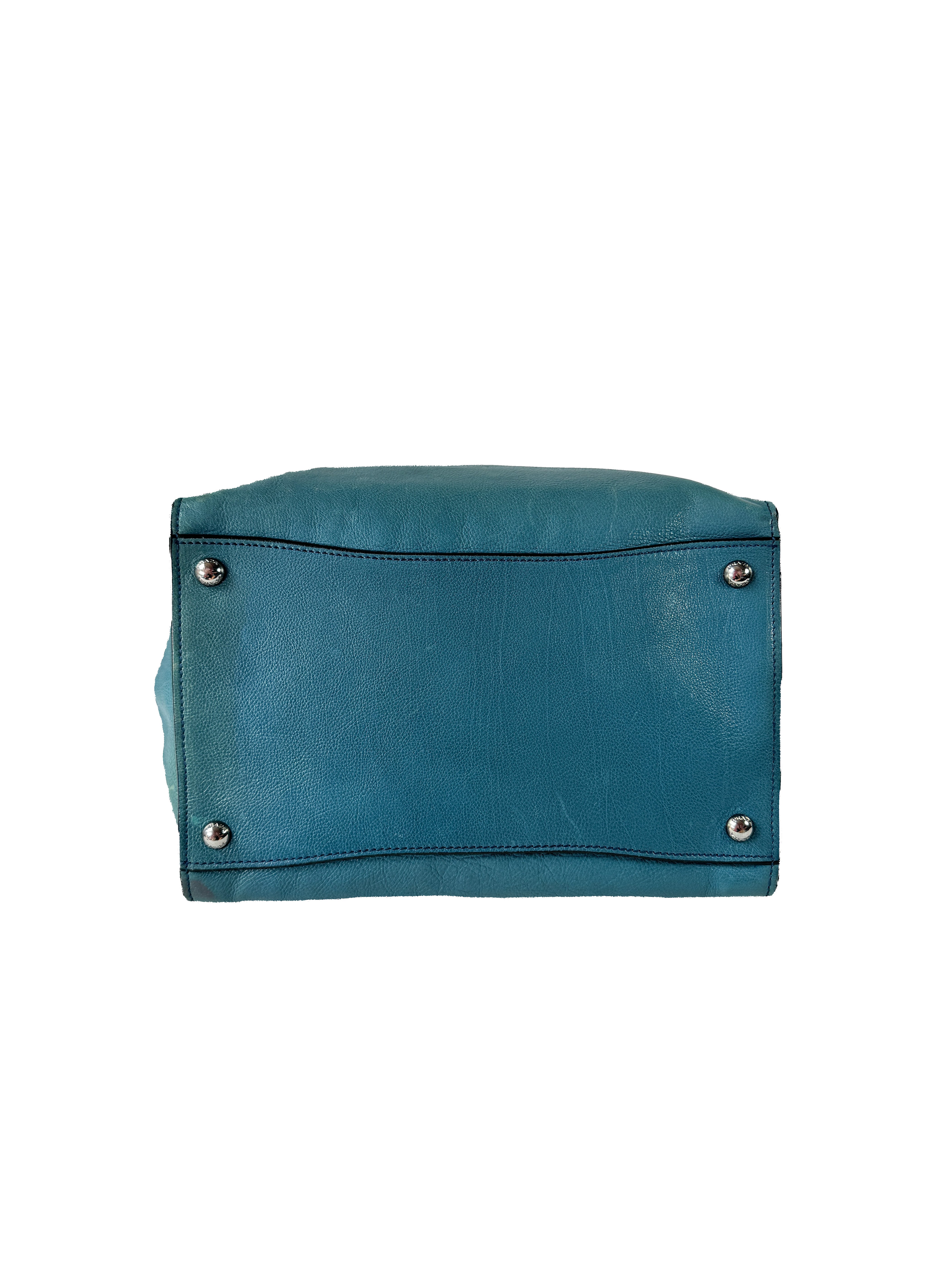 Prada teal twin pocket Glace leather tote 14/O