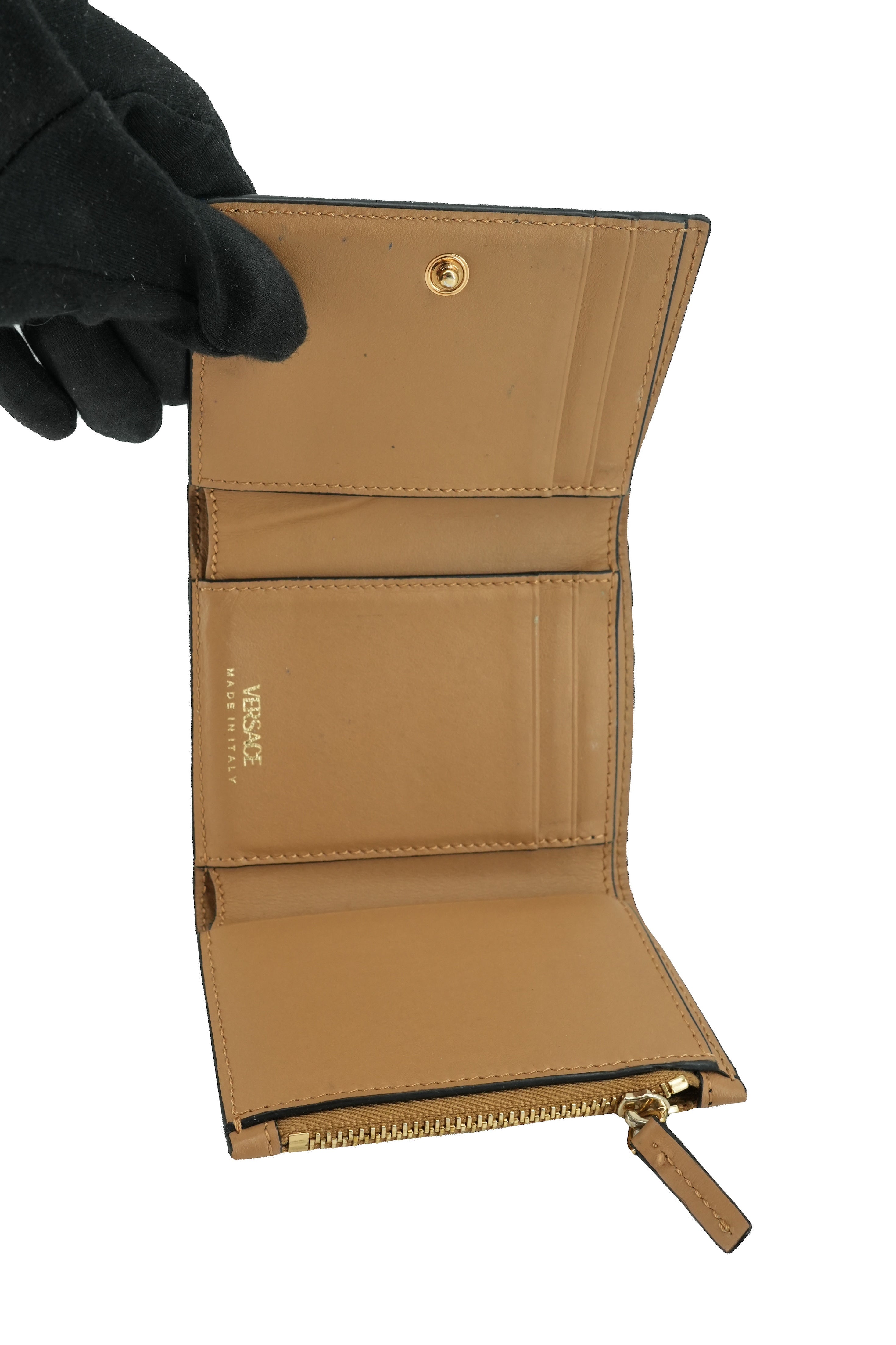 Versace brown leather Virtus V tri fold wallet
