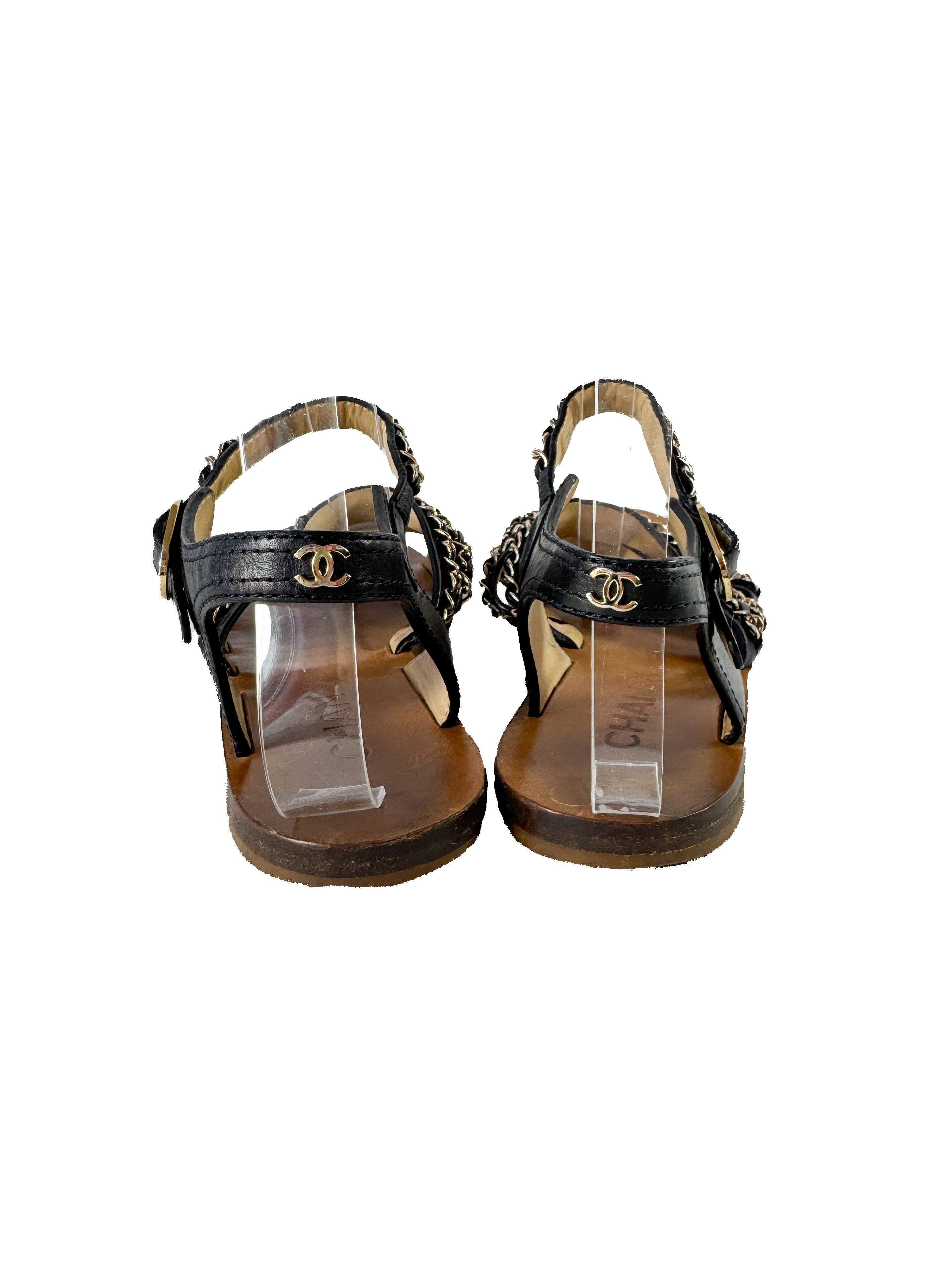 Chanel black leather gold chain strappy sandals size 38.5