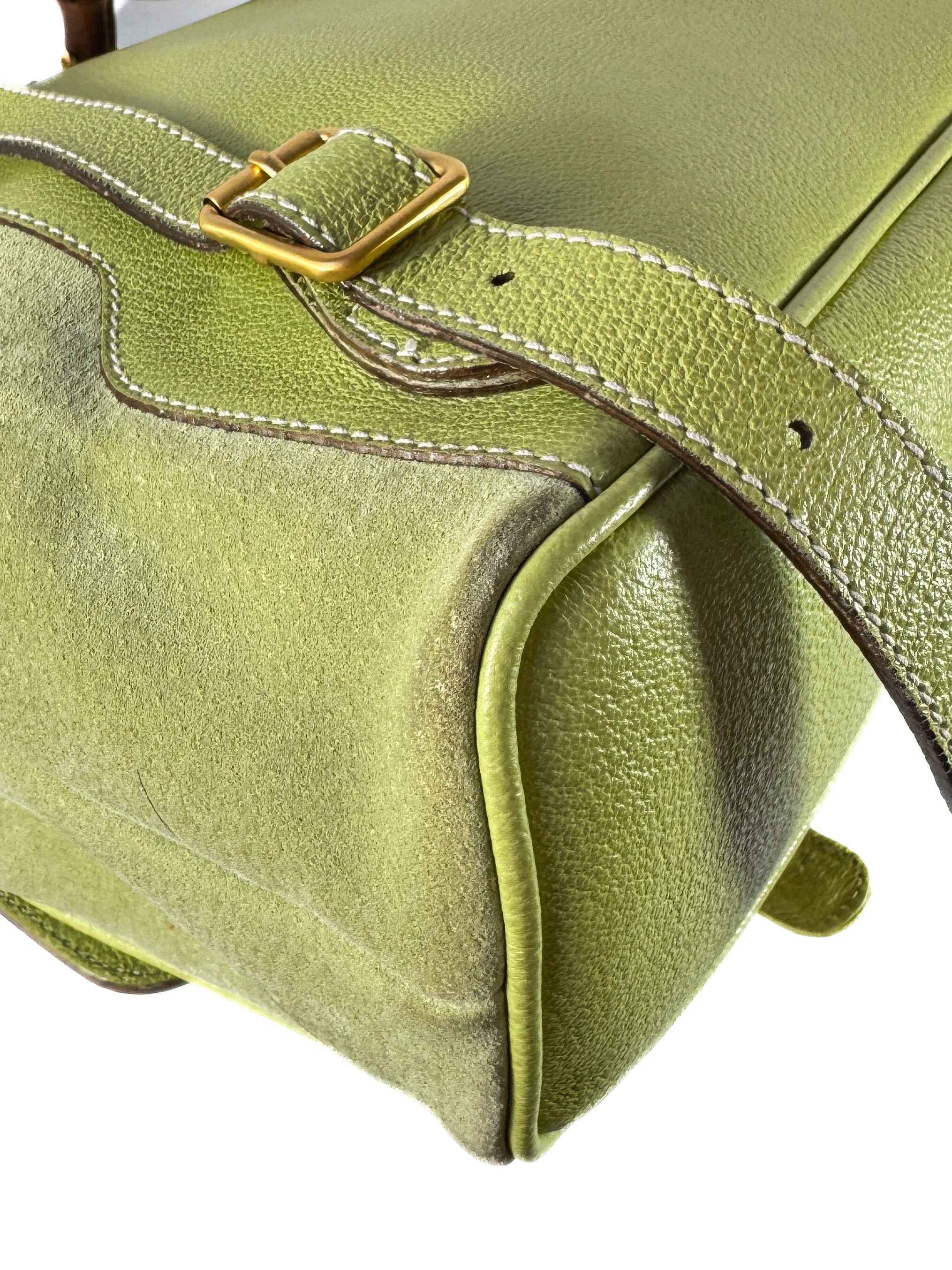 Gucci lime green vintage suede Bamboo large backpack 003-1998-0016