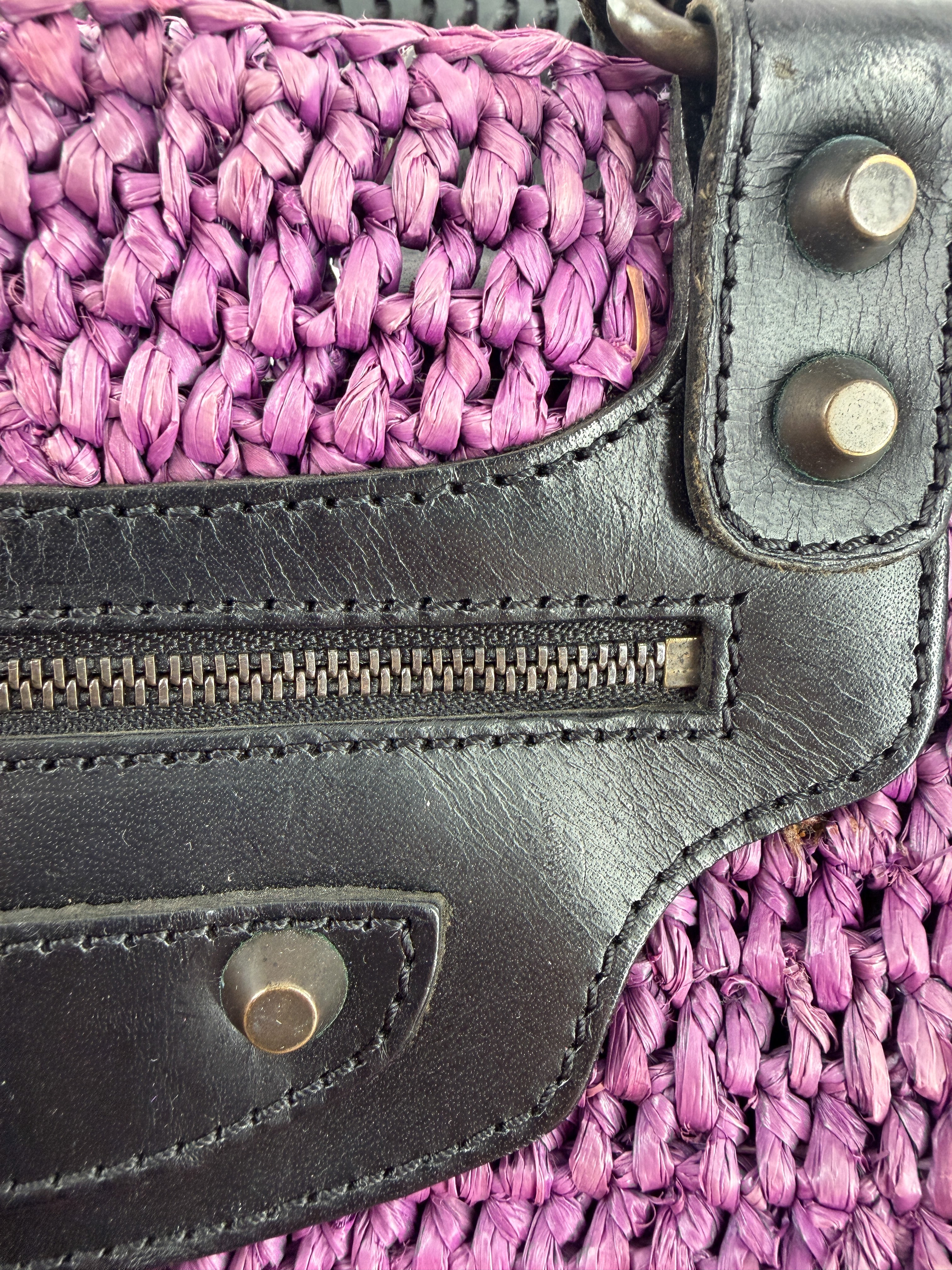 Balenciaga purple, black Raffia Motocross Panier basket 23674105260 515859