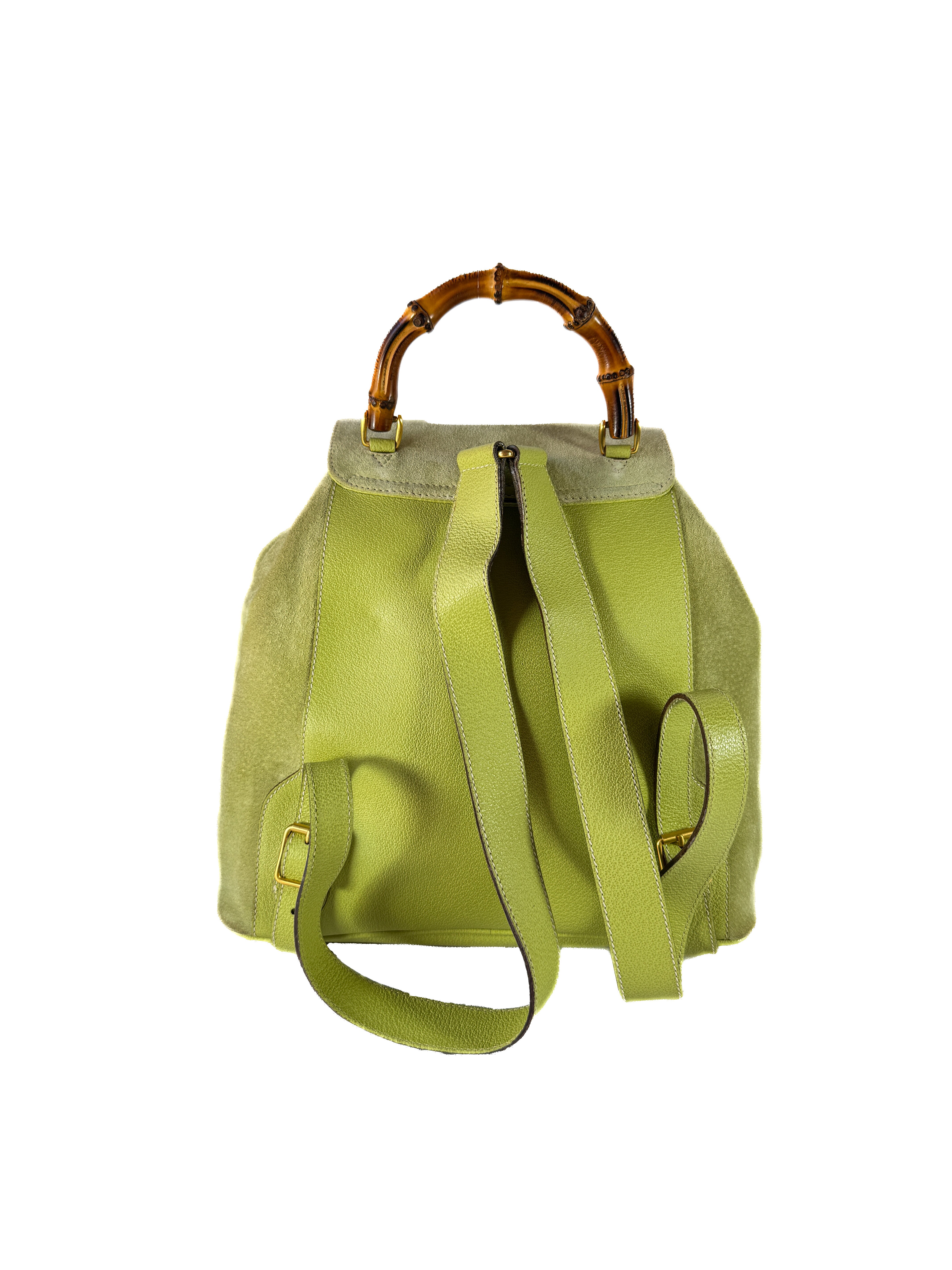 Gucci lime green vintage suede Bamboo large backpack 003-1998-0016