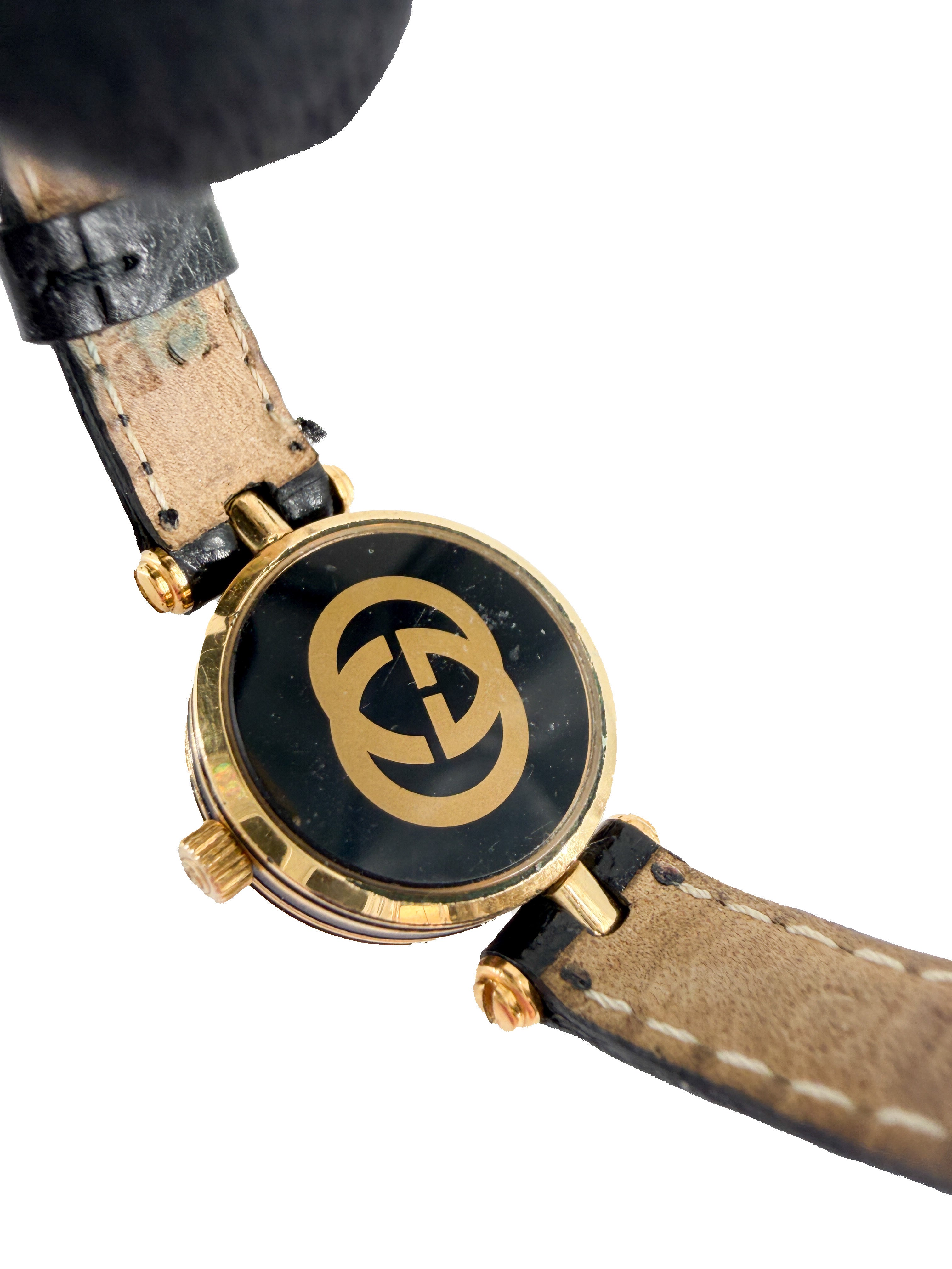 Gucci black/gold embossed leather vintage watch 2000L