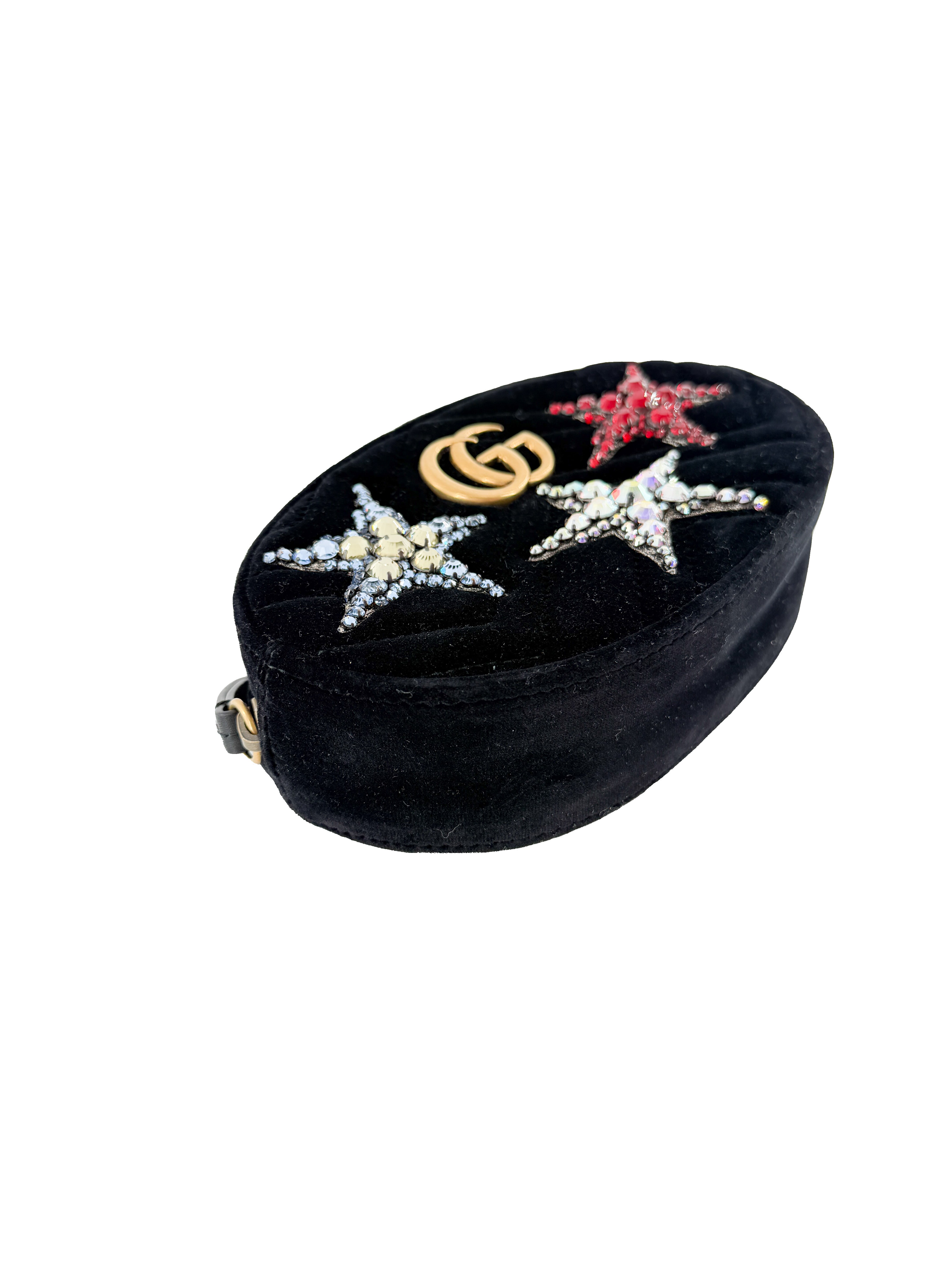 Gucci black leather, velvet crystal star GG marmont belt bag 476434 493075