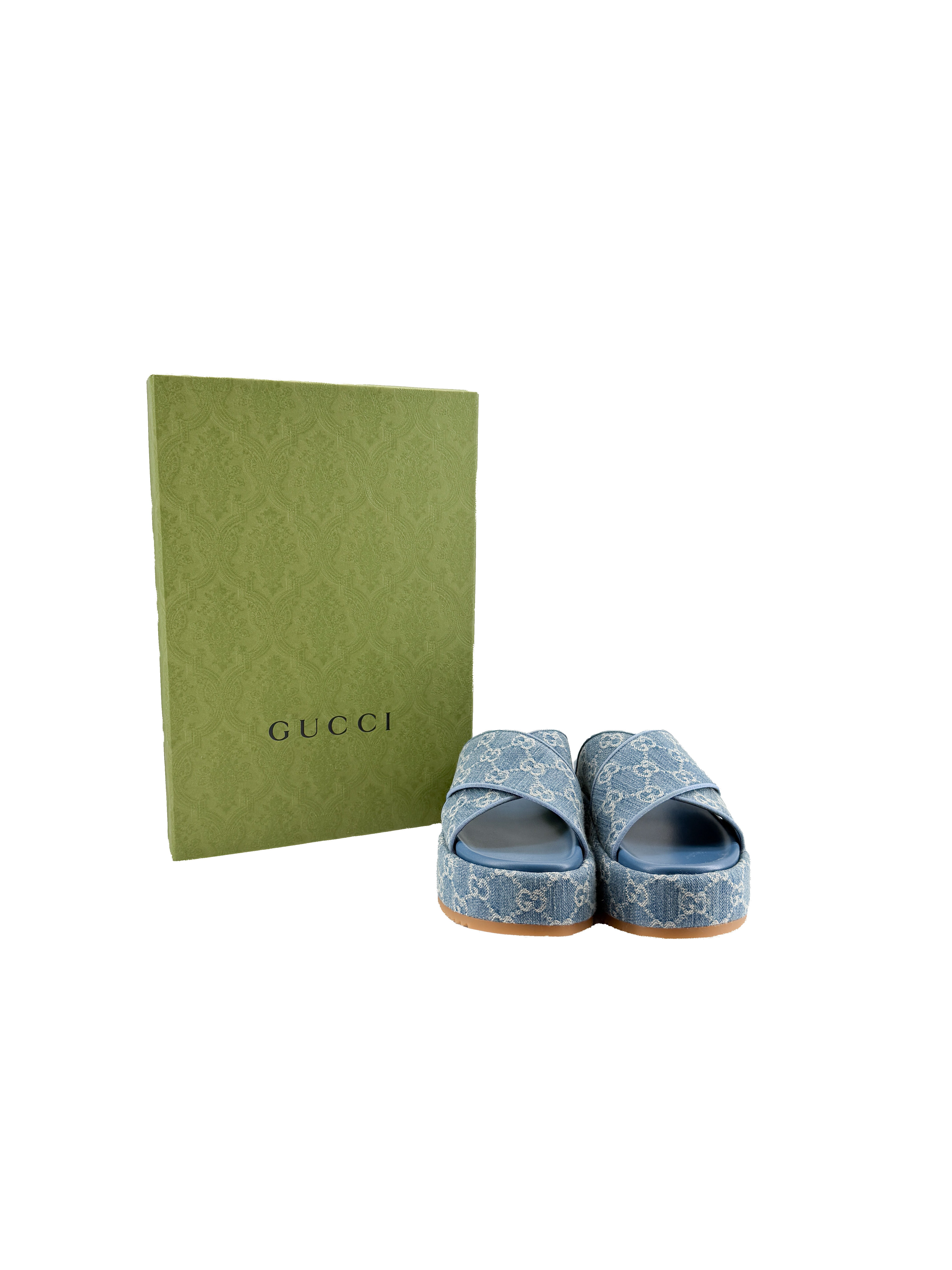 Gucci Angelina GG denim platform sandals size 37 NEW BOX
