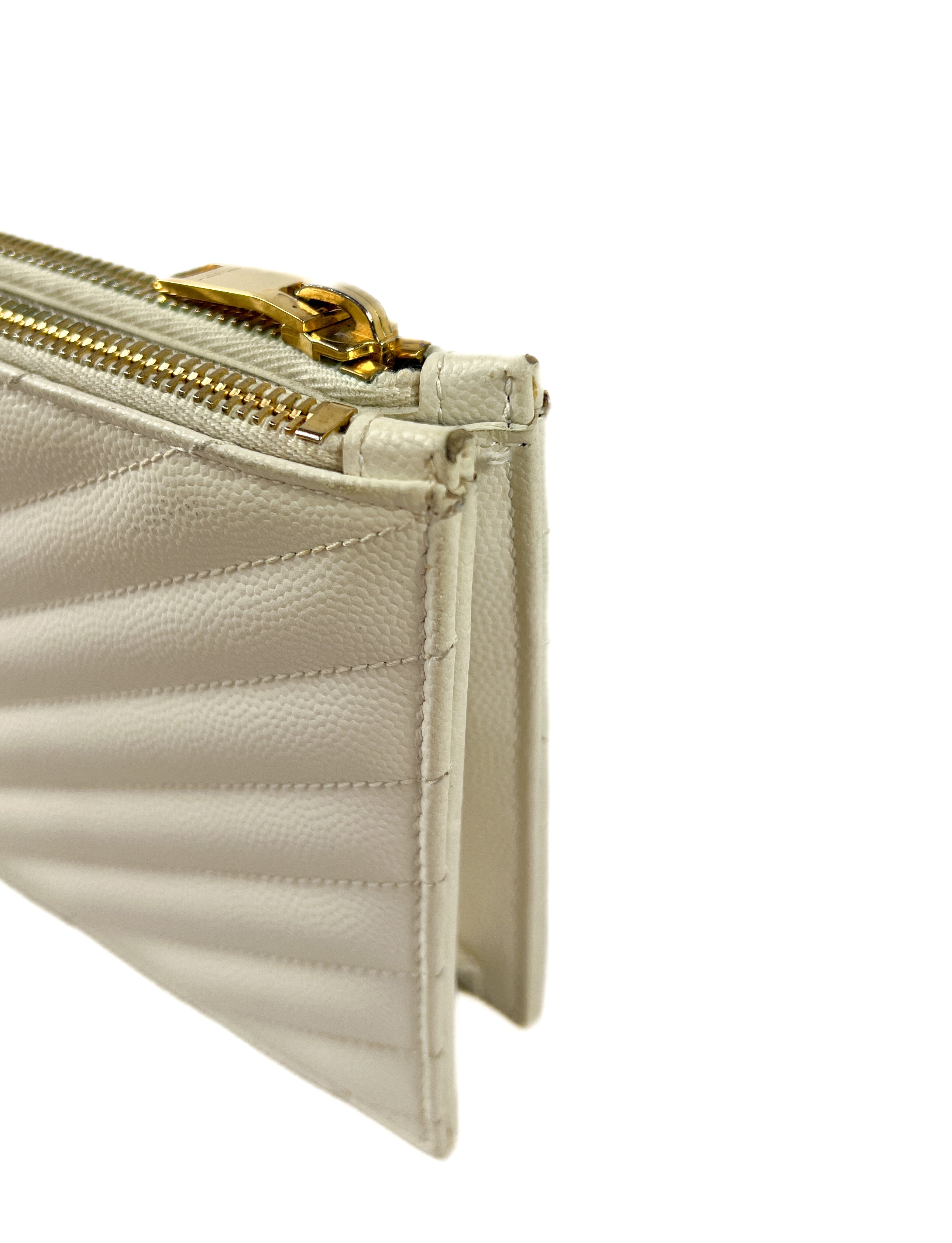Saint Laurent off white Grain De Poudre Matelasse Chevron Double Zip Wallet