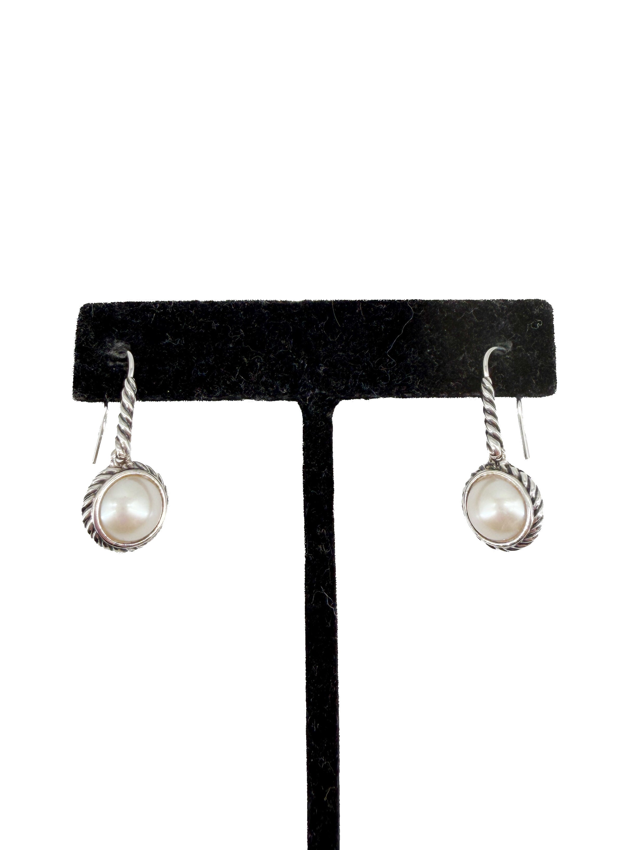 David Yurman sterling silver, pearl cable drop earrings