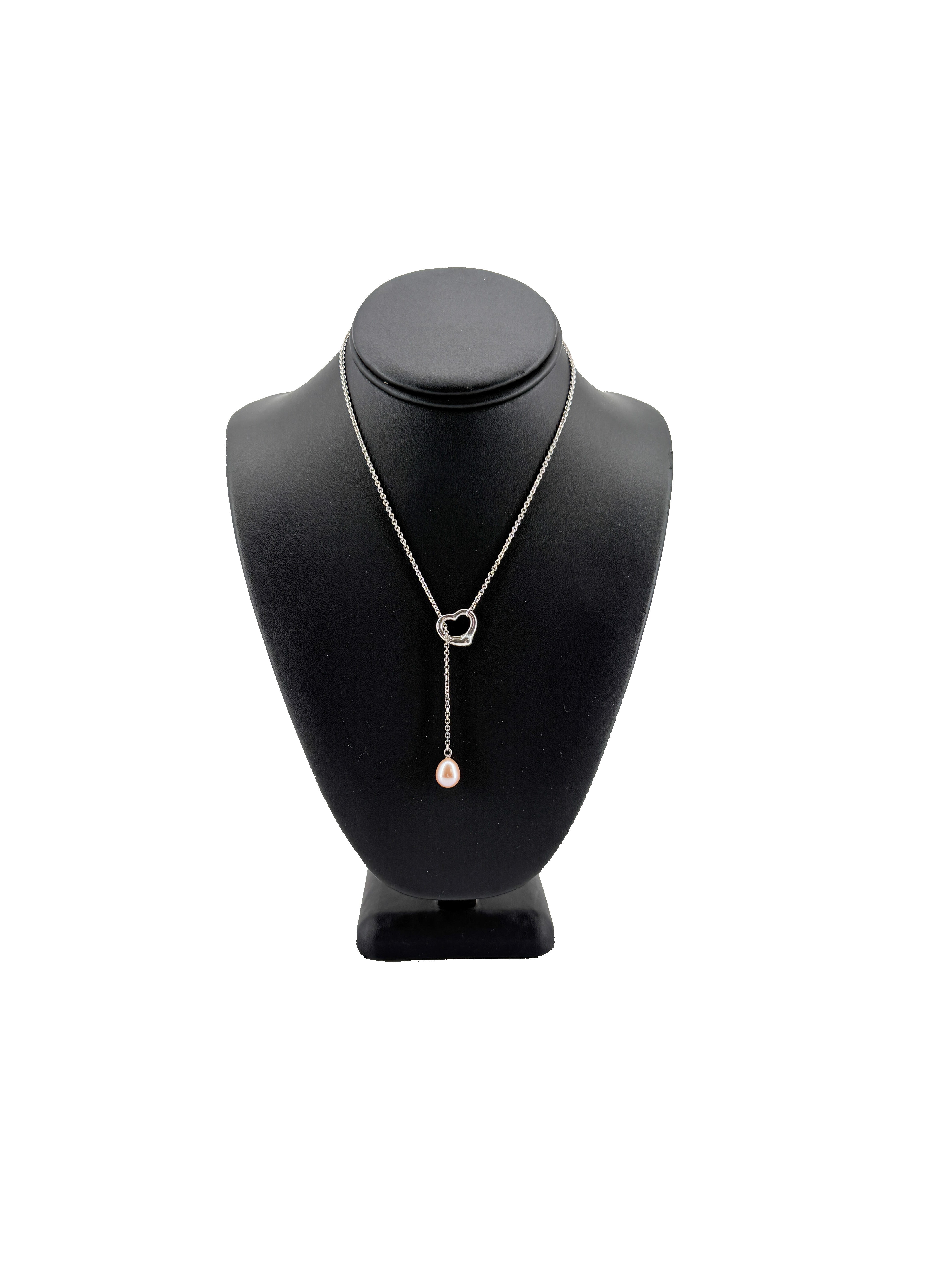 Tiffany & Co Elsa Peretti sterling silver, pink pearl open heart lariat necklace