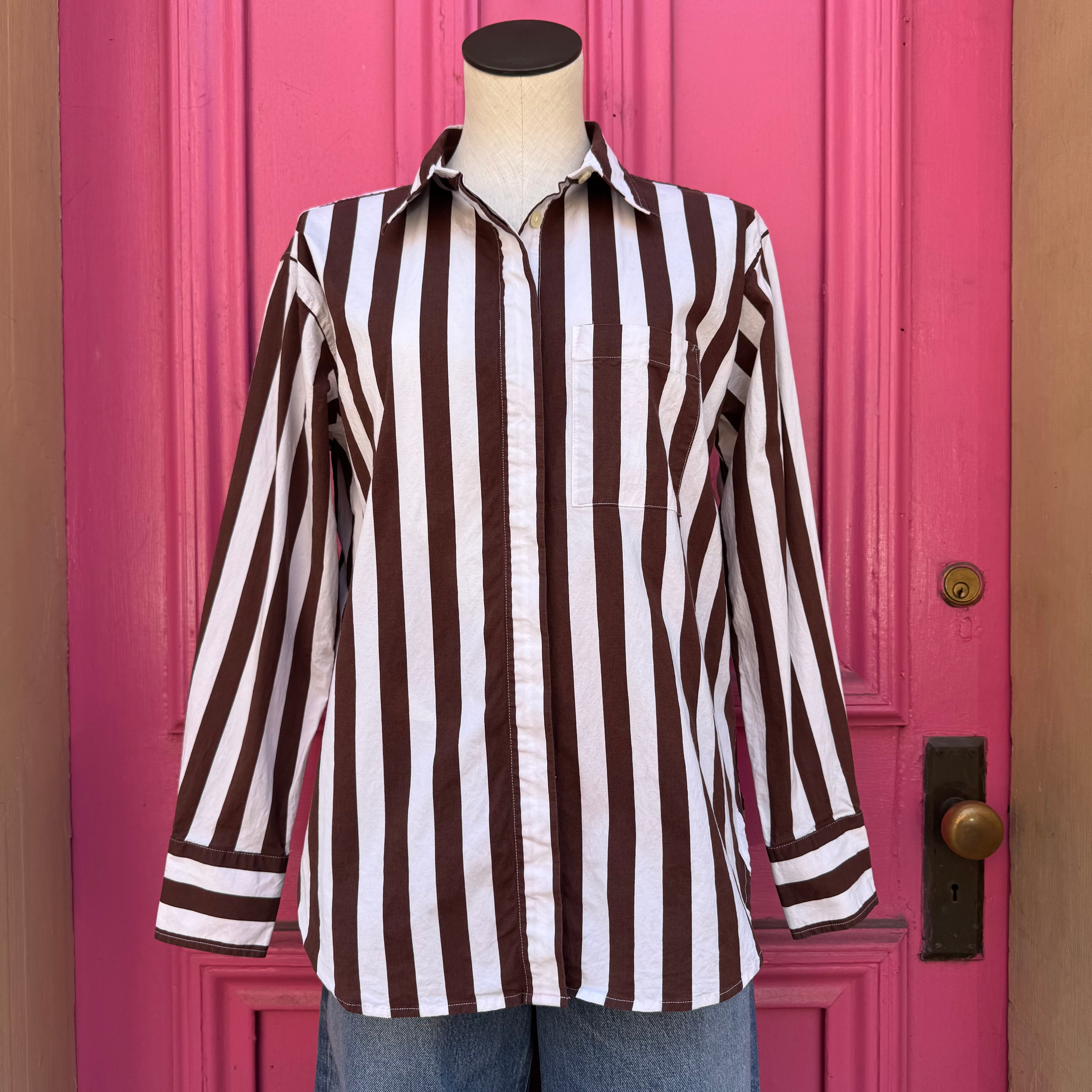 Ann Taylor LOFT brown white striped button up size M
