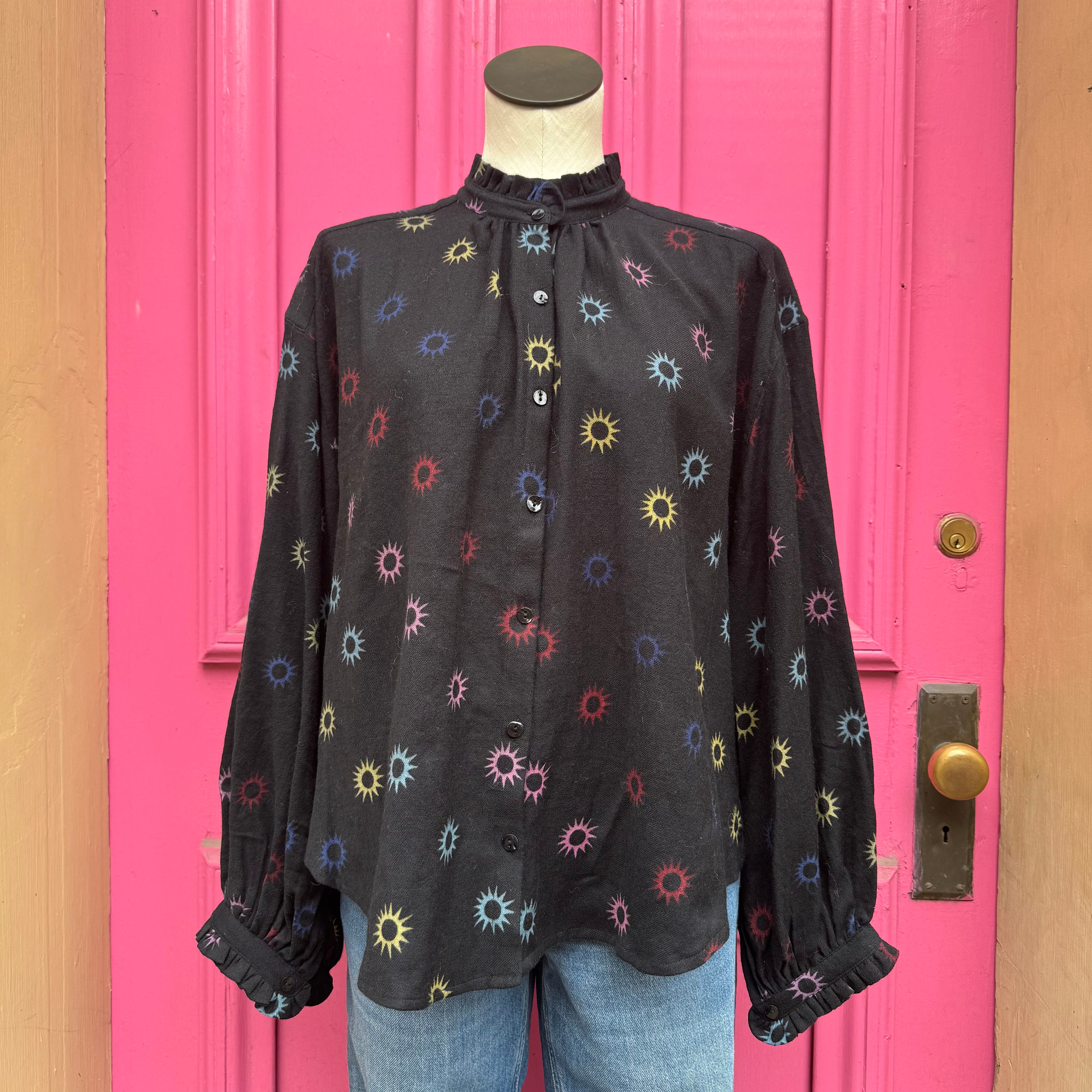 Alix of Bohemia black print lightweight wool button up size M