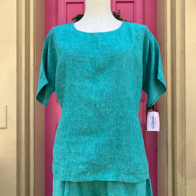 Eileen Fisher teal linen shirt sleeve top size medium new with tags