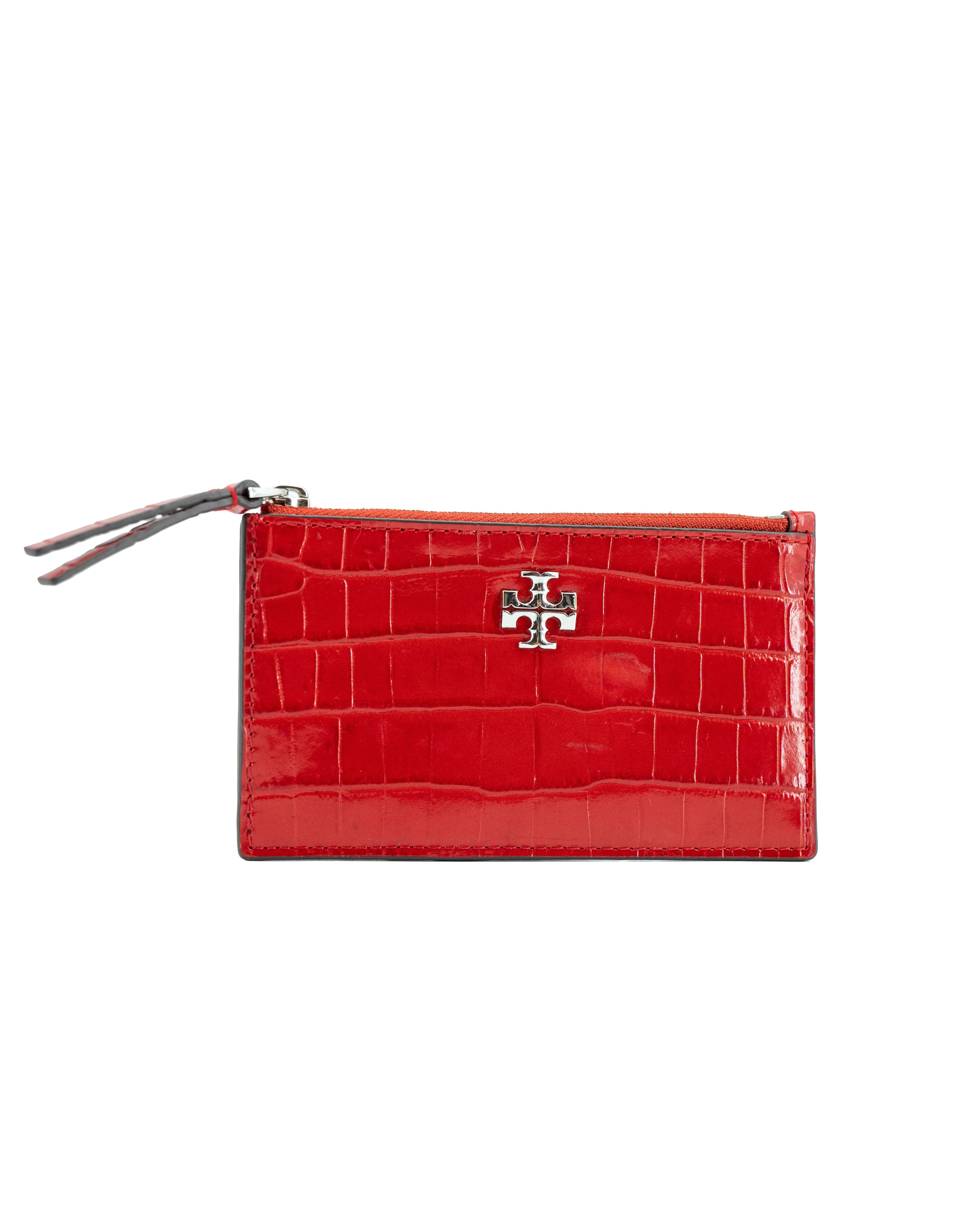 Tory Burch red croc embossed card wallet