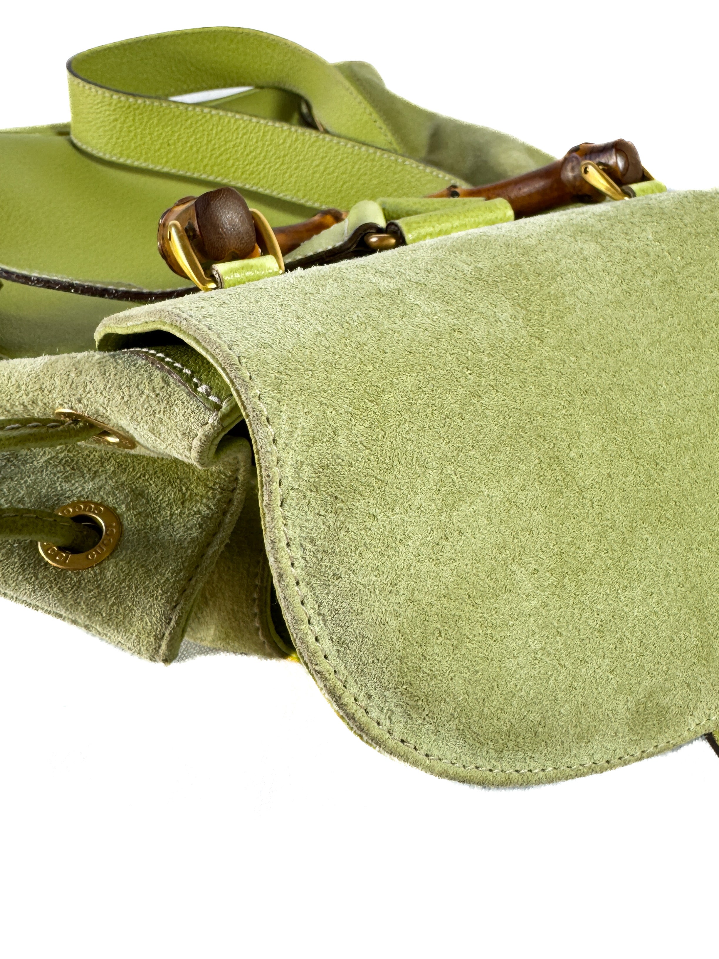 Gucci lime green vintage suede Bamboo large backpack 003-1998-0016