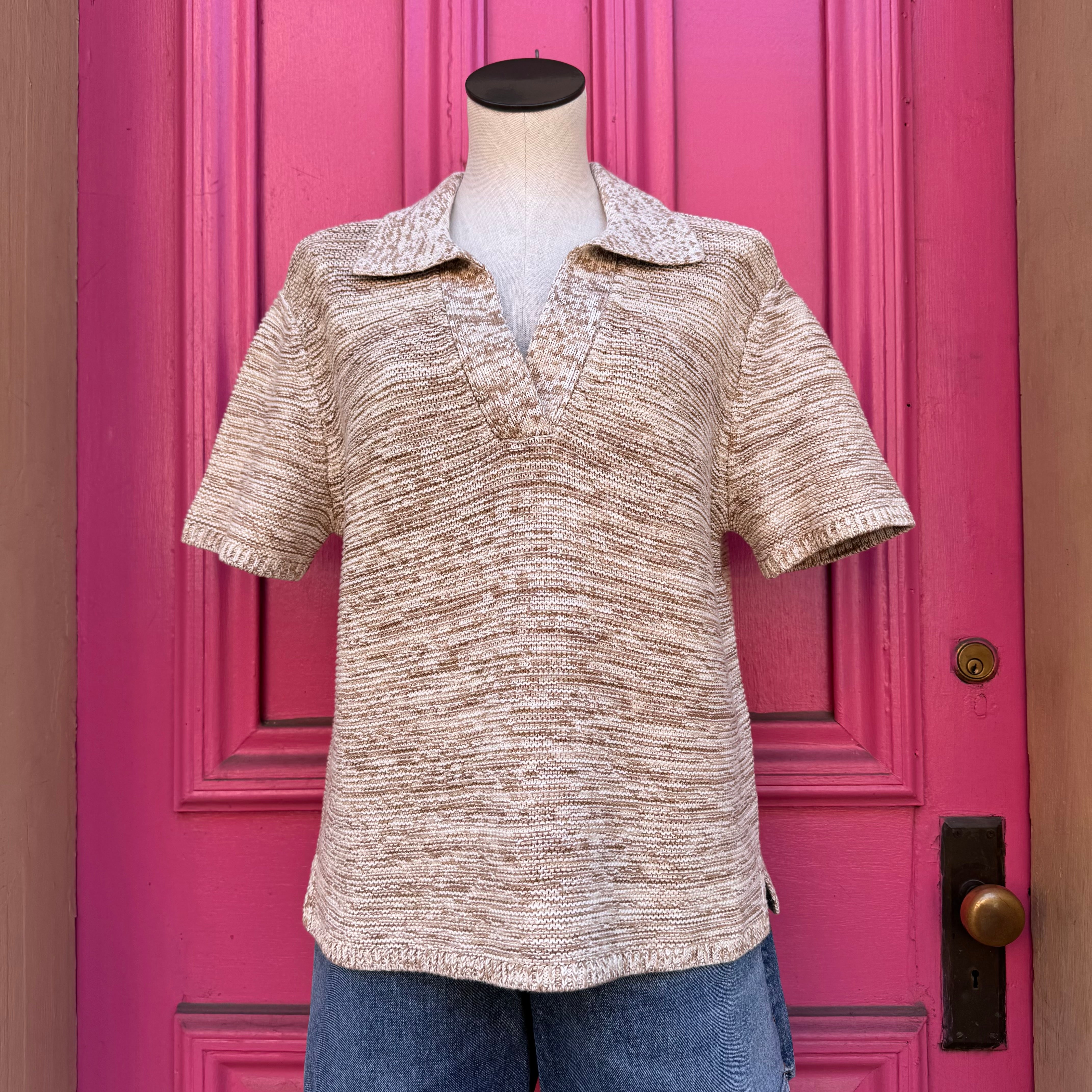 Haven brown cream polo sweater size L NWT